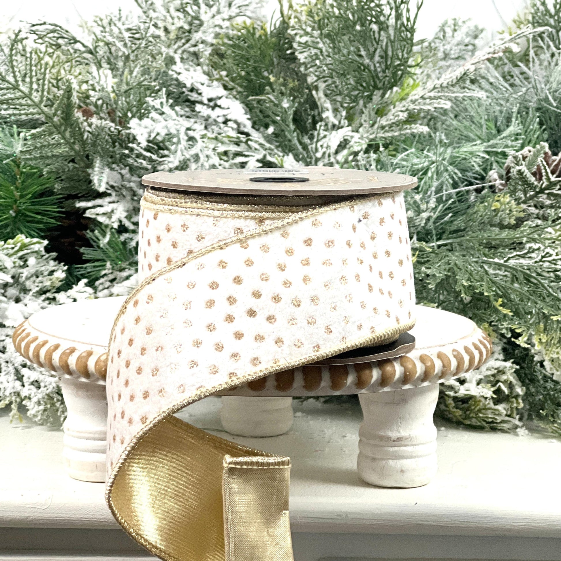 D. Stevens White and Gold Velvet Ribbon, Gold Polka Dot Velvet Ribbon, Elegant Designer Ribbon for Holiday and Wedding Decor