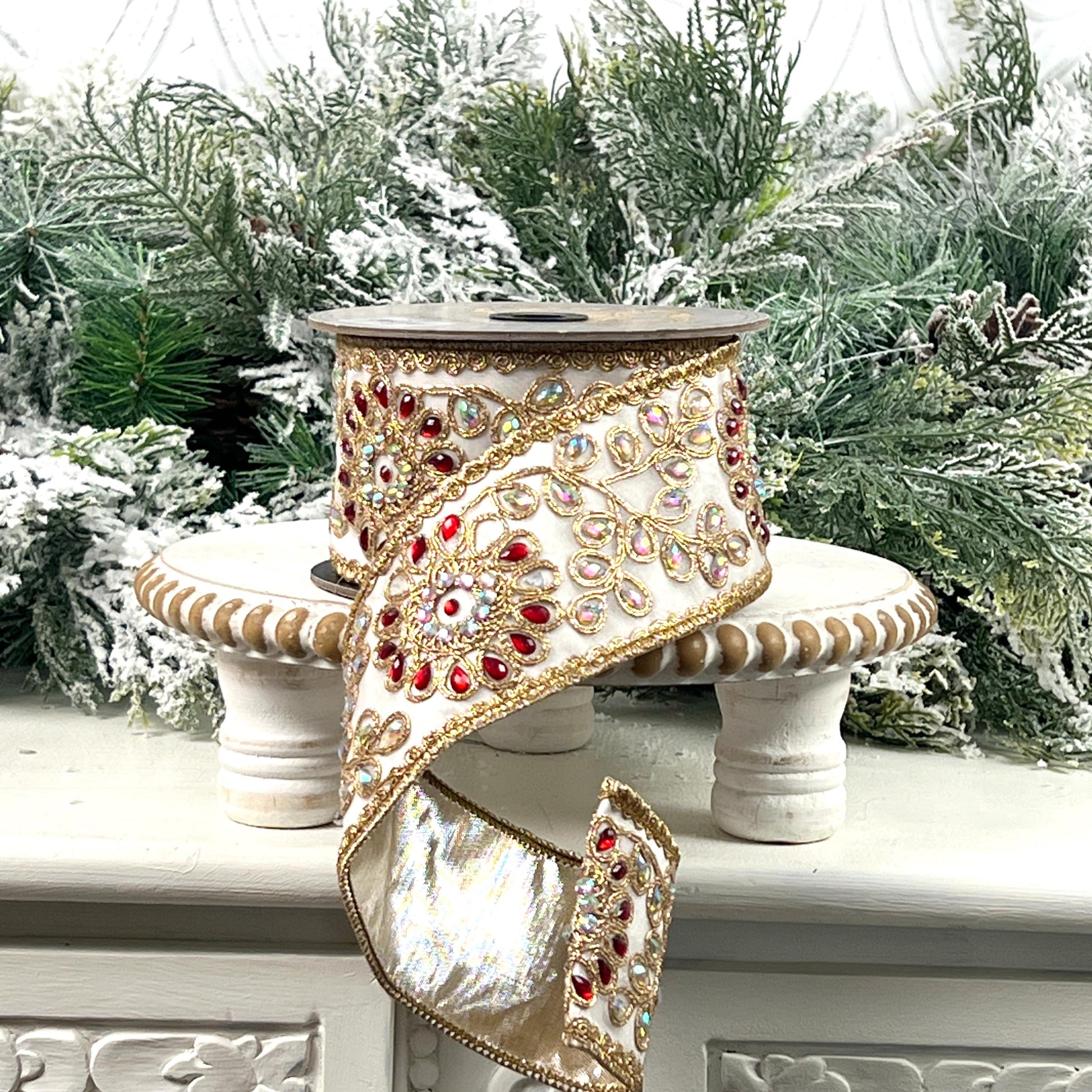 D. Stevens Platinum Jeweled Ribbon, Embroidered Metallic Dupion Ribbon with Red and Iridescent Gems, Luxury Designer Holiday Decor