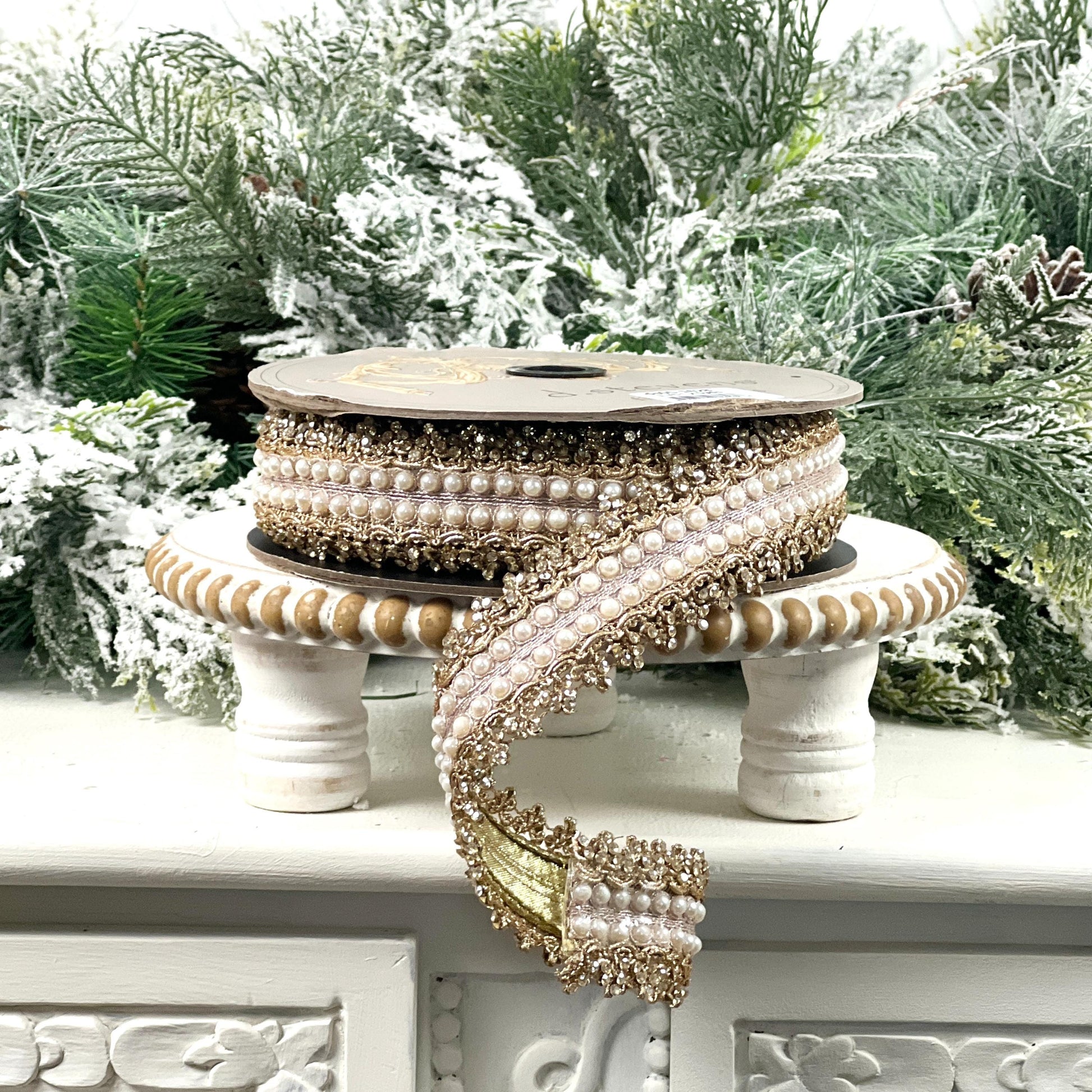 D. Stevens Gold Embroidered Jewel Trim Ribbon, Metallic Pearl Designer Ribbon, Luxury Holiday and Wedding Decor