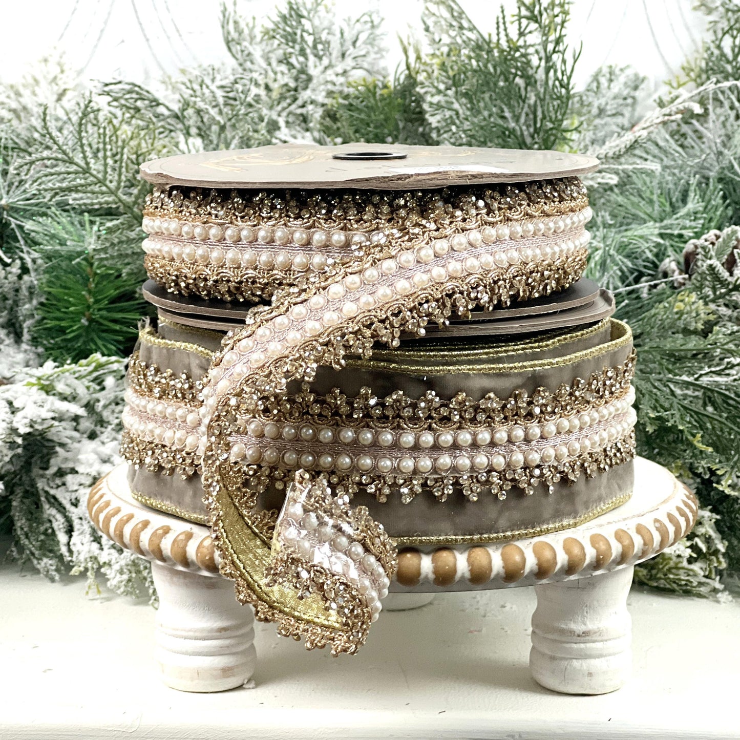 D. Stevens Gold Embroidered Jewel Trim Ribbon, Metallic Pearl Designer Ribbon, Luxury Holiday and Wedding Decor