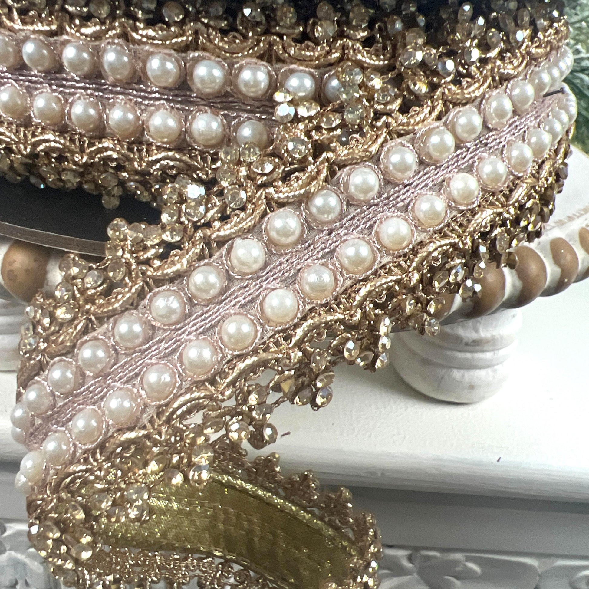 D. Stevens Gold Embroidered Jewel Trim Ribbon, Metallic Pearl Designer Ribbon, Luxury Holiday and Wedding Decor