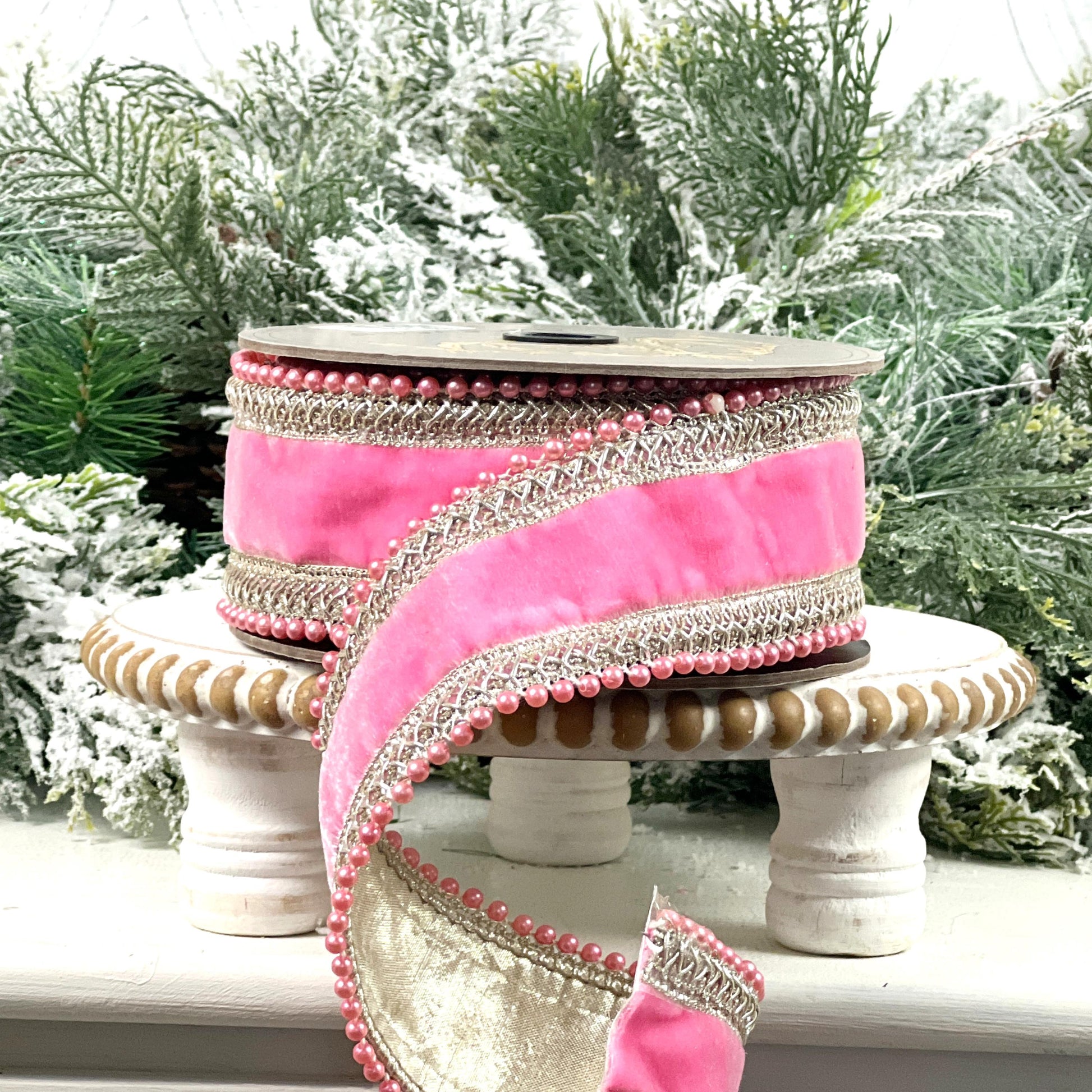 D. Stevens Jeweled Pink Velvet Ribbon, Pink Velvet Ribbon with Crystal Trim, Luxury Designer Ribbon for Holiday and Wedding Decor