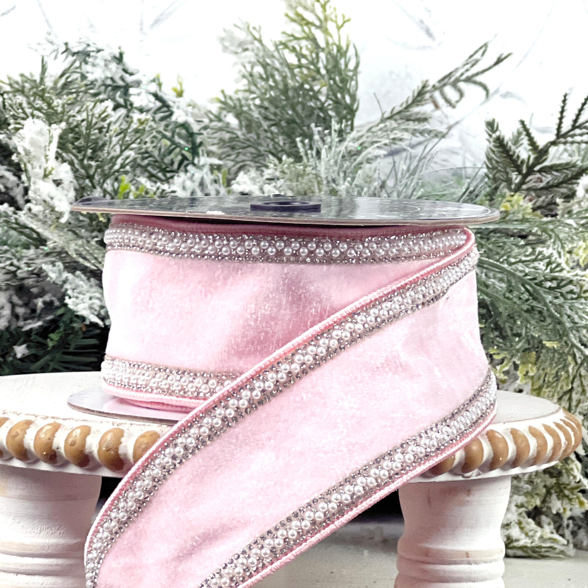 Pink Velvet Ribbon with Pearl and Rhinestone Trim, Elegant Designer Ribbon, Luxury Holiday and Wedding Decor