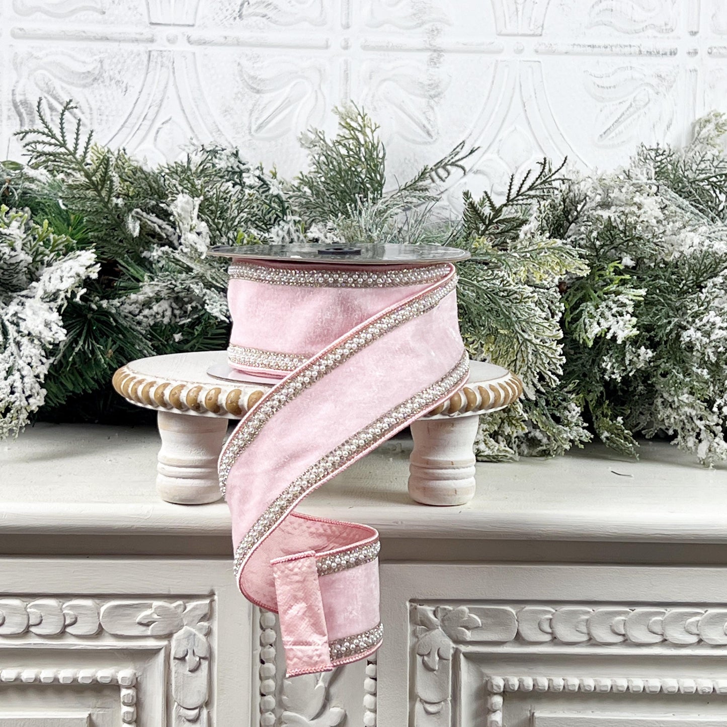 Pink Velvet Ribbon with Pearl and Rhinestone Trim, Elegant Designer Ribbon, Luxury Holiday and Wedding Decor