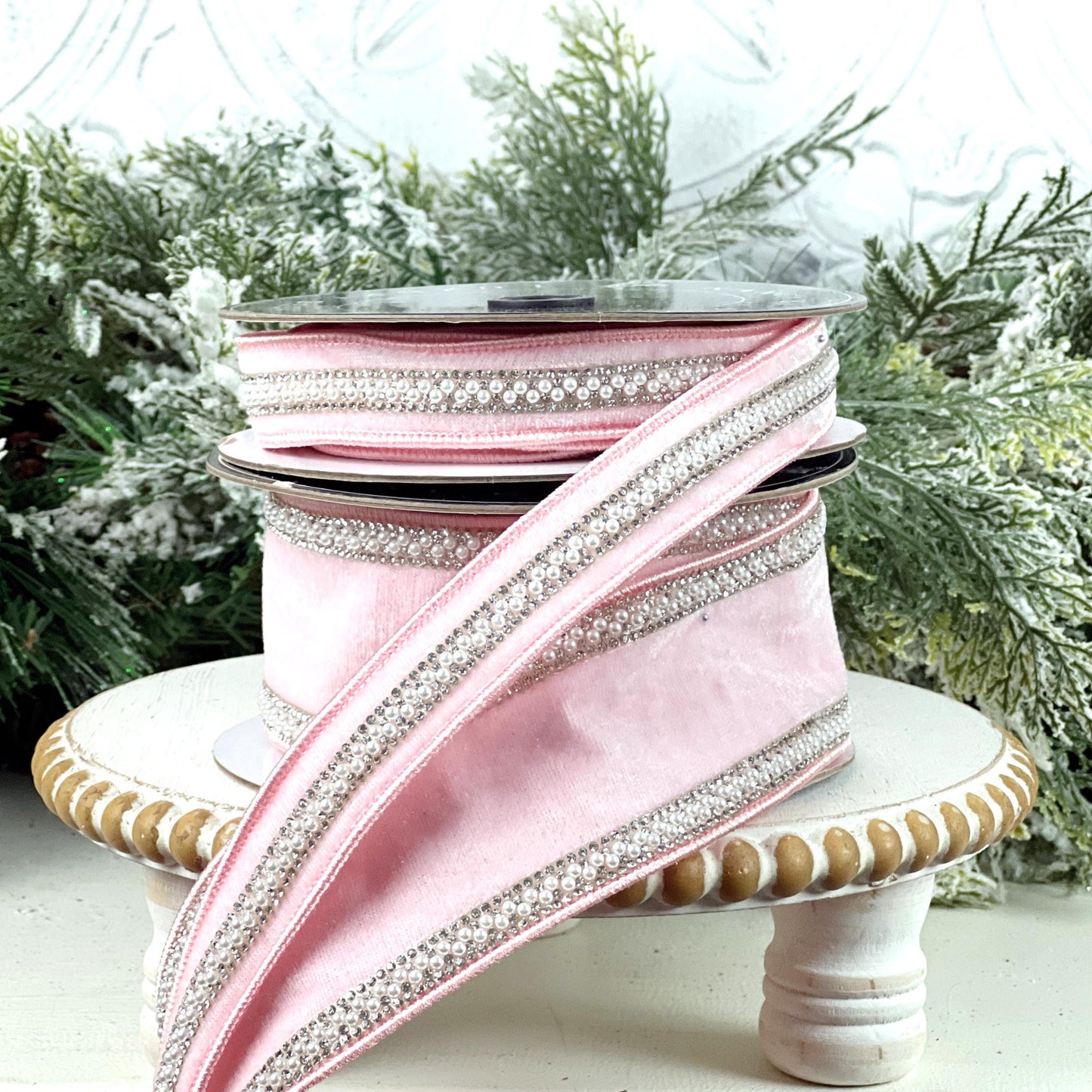 Pink Velvet Ribbon with Pearl and Rhinestone Trim, Elegant Designer Ribbon, Luxury Holiday and Wedding Decor