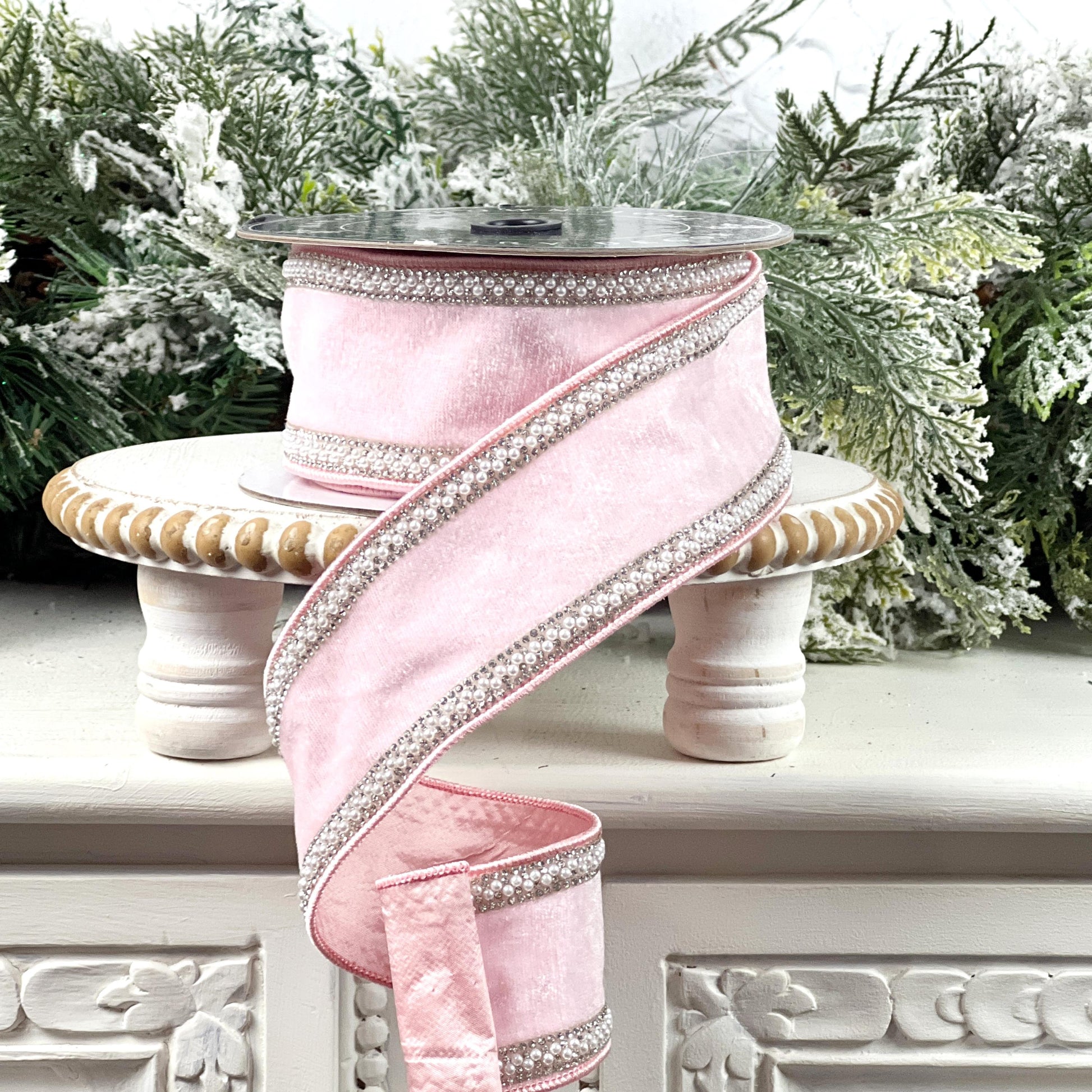 Pink Velvet Ribbon with Pearl and Rhinestone Trim, Elegant Designer Ribbon, Luxury Holiday and Wedding Decor