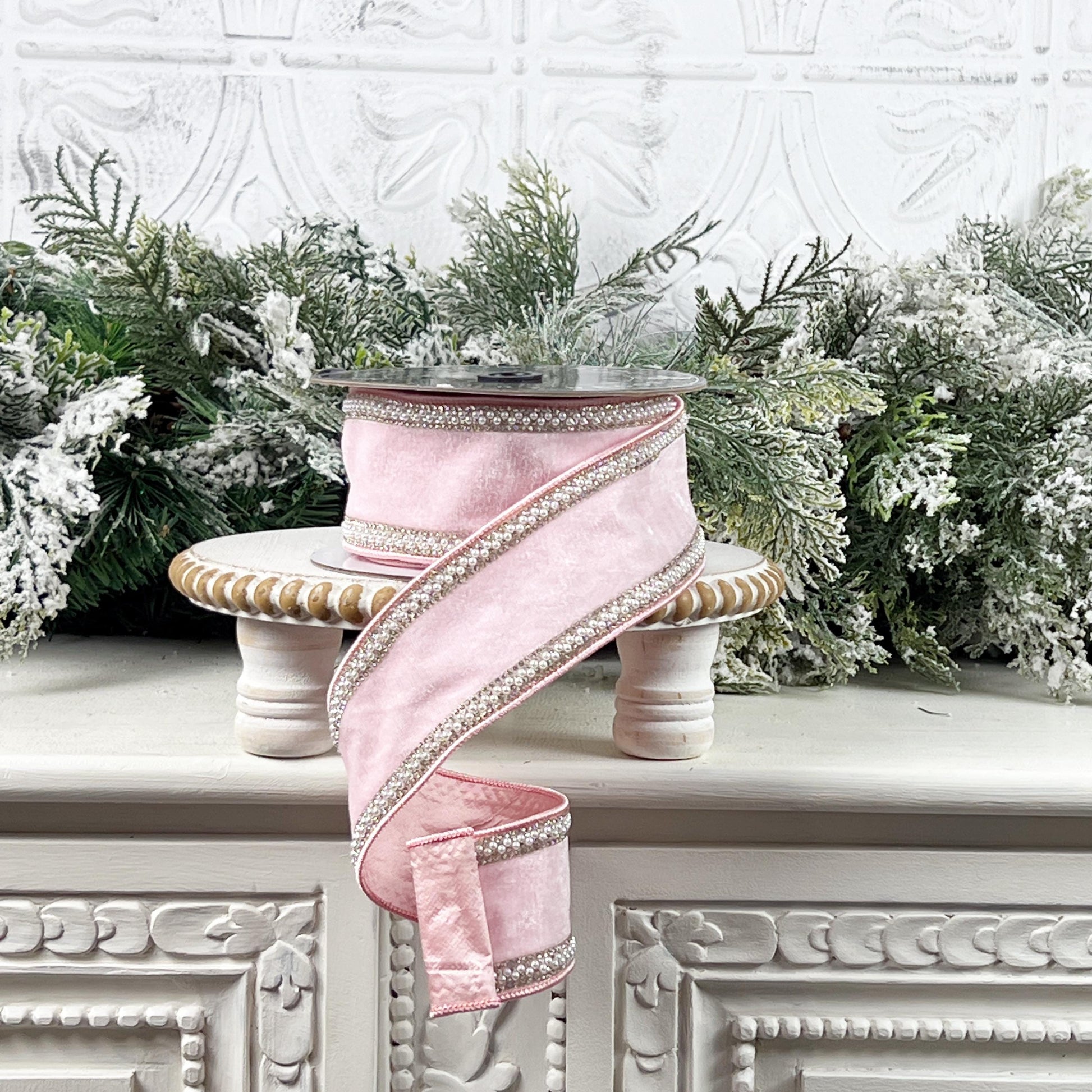 Pink Velvet Ribbon with Pearl and Rhinestone Trim, Elegant Designer Ribbon, Luxury Holiday and Wedding Decor