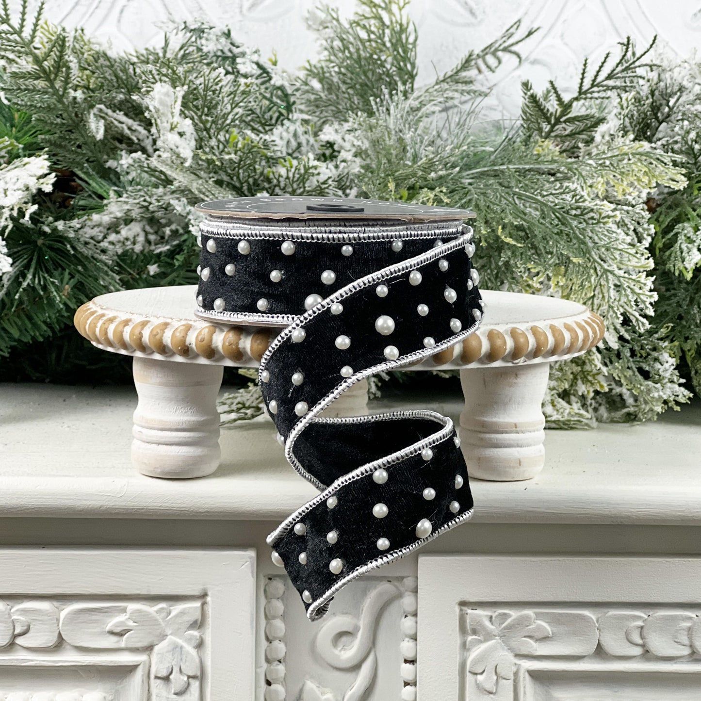 Black Velvet Pearl Ribbon, Luxury Designer Ribbon, Holiday and Wedding Decor