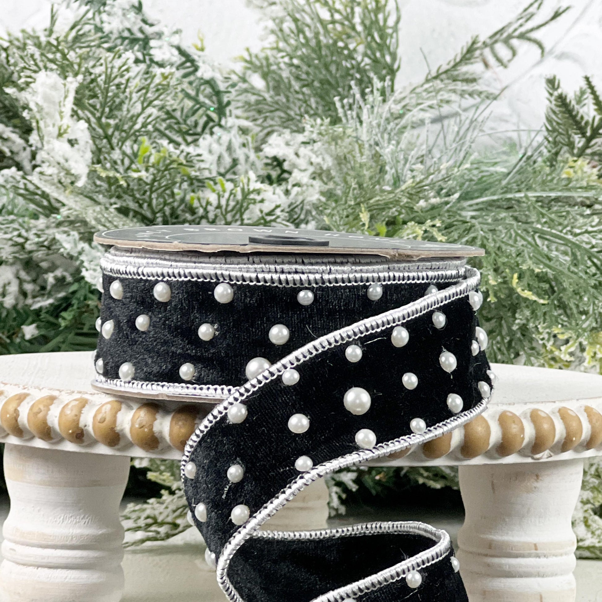 Black Velvet Pearl Ribbon, Luxury Designer Ribbon, Holiday and Wedding Decor