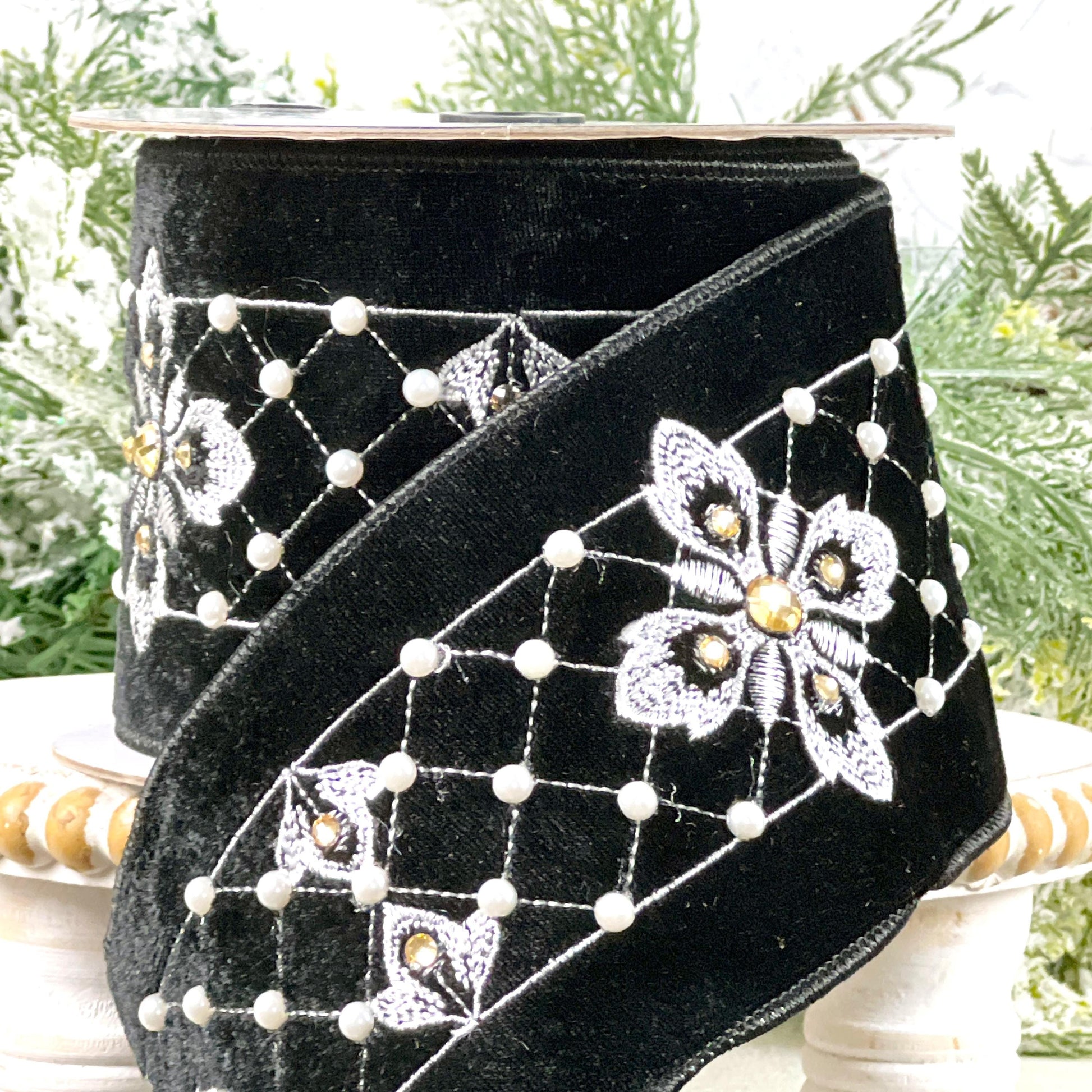 Embroidered Black Velvet Pearl Ribbon, , Elegant Designer Ribbon