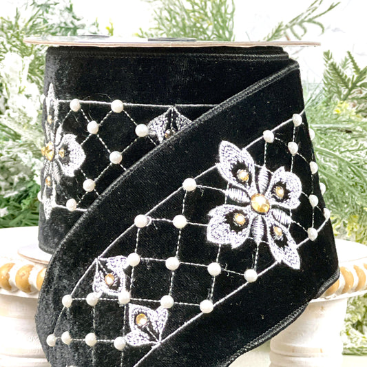 Embroidered Black Velvet Pearl Ribbon, , Elegant Designer Ribbon