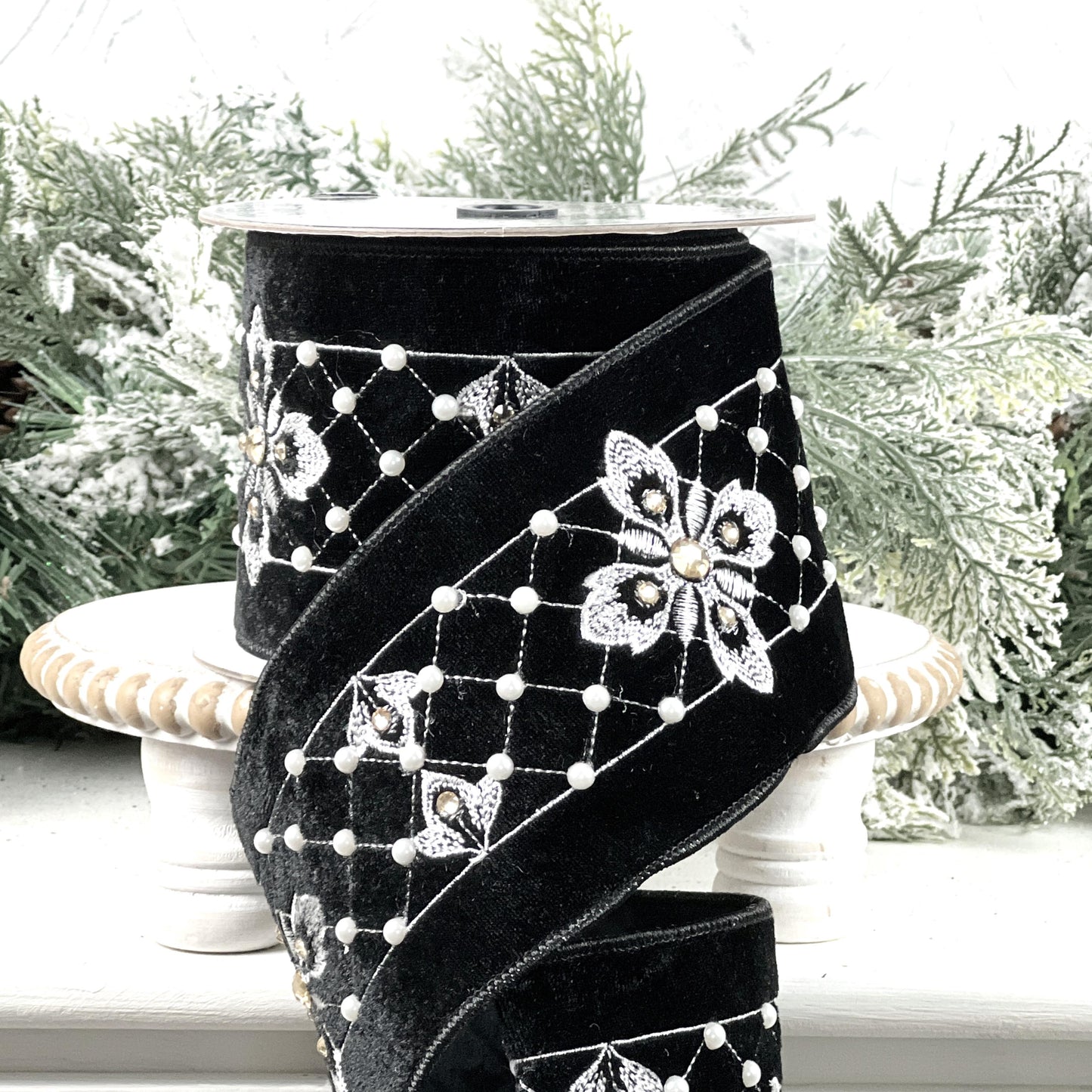 Embroidered Black Velvet Pearl Ribbon, , Elegant Designer Ribbon