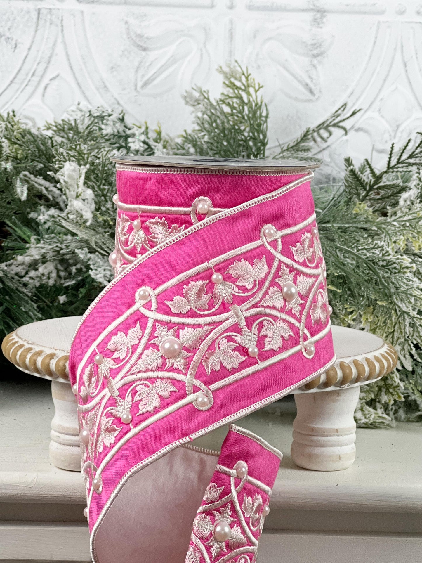 Embroidered Pink Velvet Pearl Ribbon, Pink and White Designer Ribbon, Elegant Luxury Ribbon for Holiday and Wedding Decor