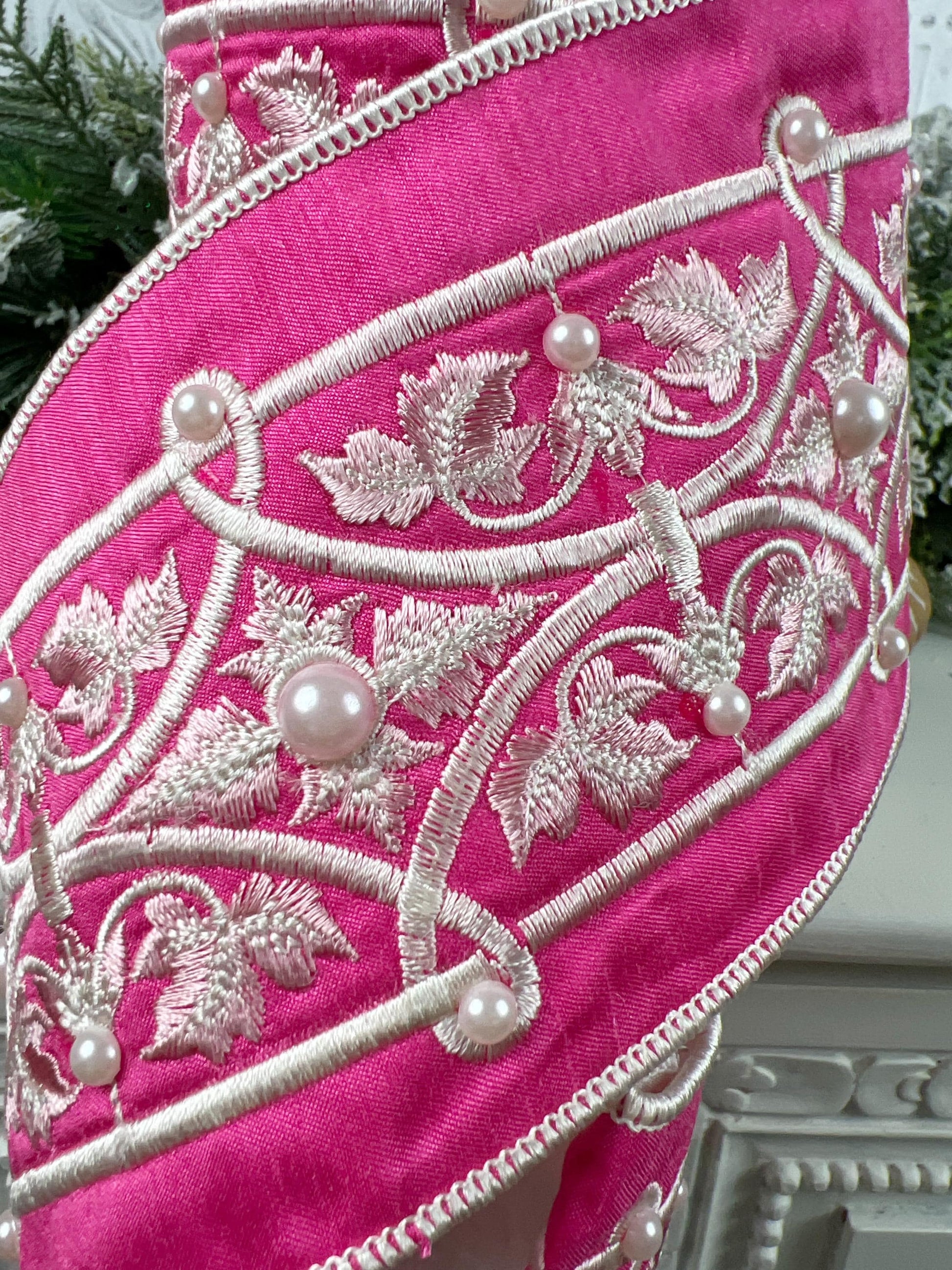 Embroidered Pink Velvet Pearl Ribbon, Pink and White Designer Ribbon, Elegant Luxury Ribbon for Holiday and Wedding Decor