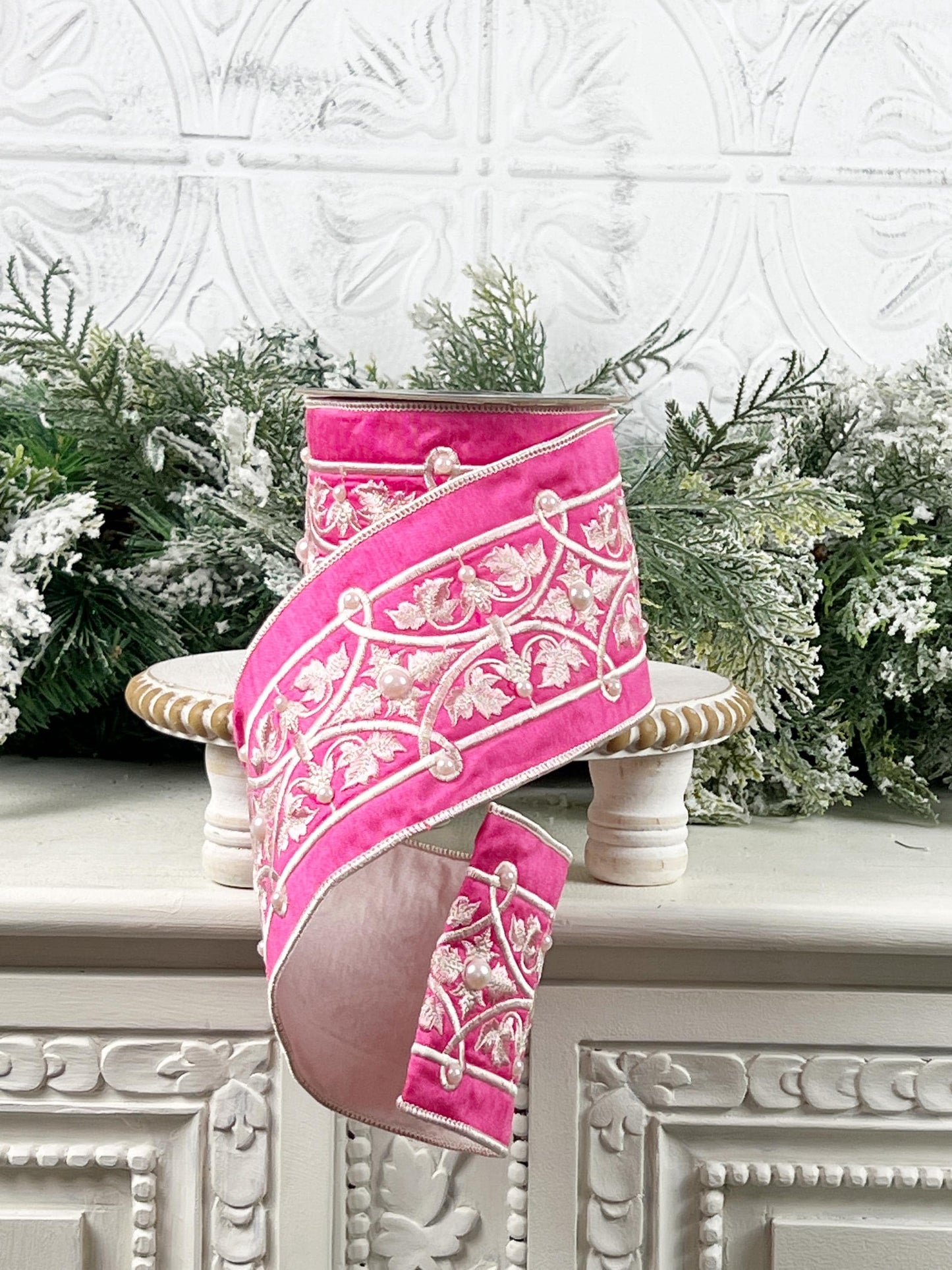 Embroidered Pink Velvet Pearl Ribbon, Pink and White Designer Ribbon, Elegant Luxury Ribbon for Holiday and Wedding Decor