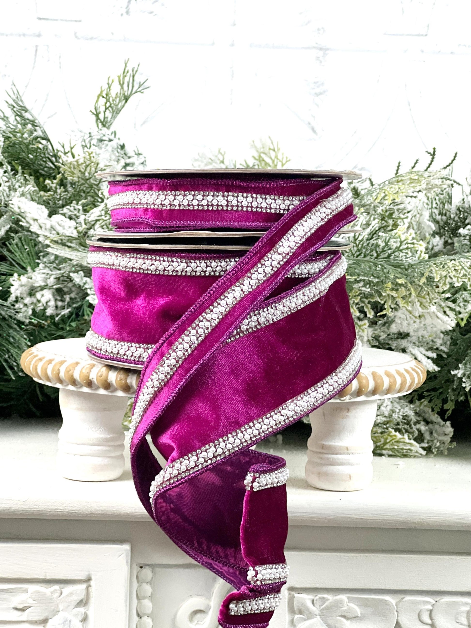Purple Velvet Ribbon with Pearl and Rhinestone Trim, Luxury Designer Ribbon, Jeweled Velvet Ribbon