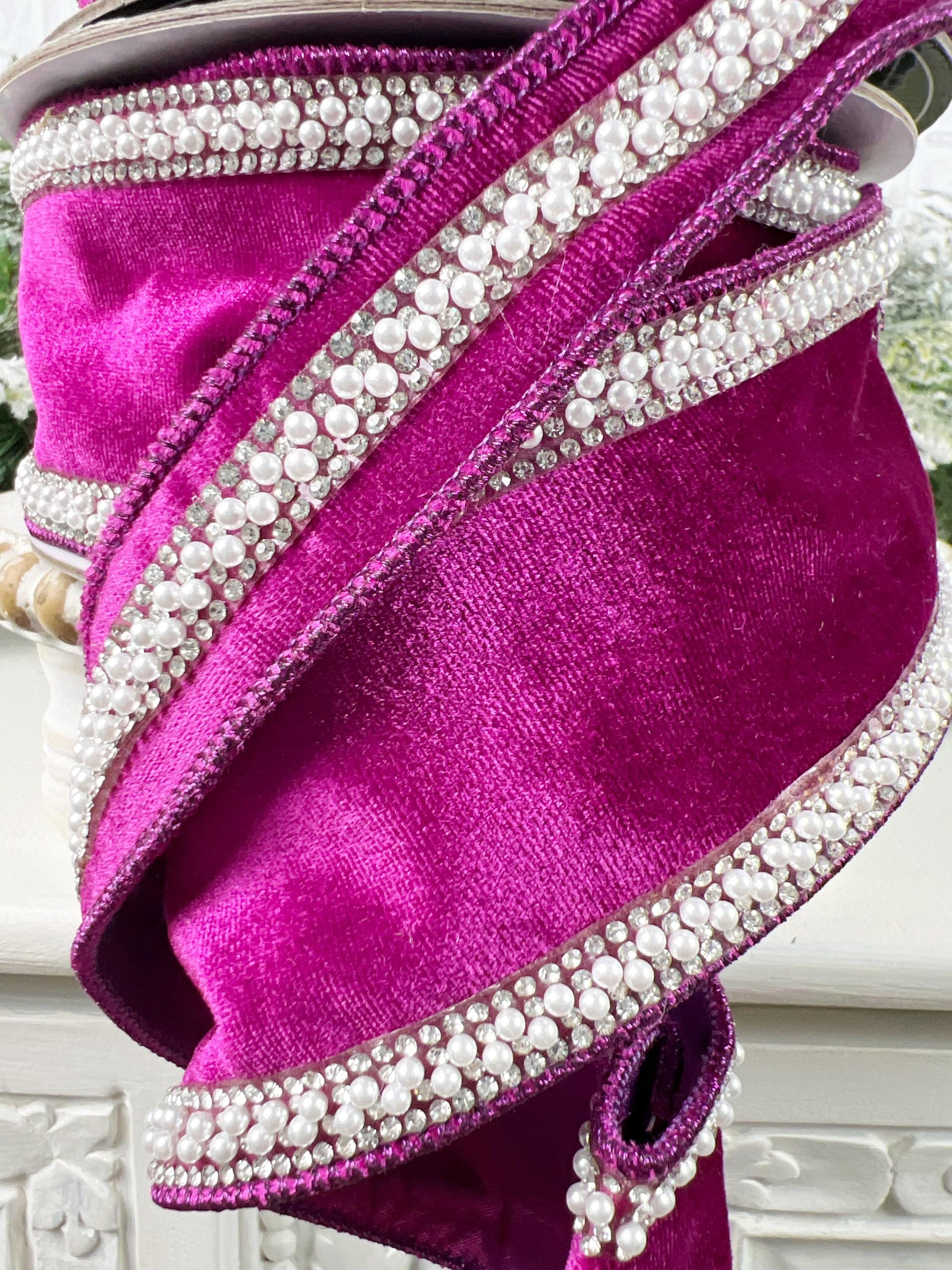 Purple Velvet Ribbon with Pearl and Rhinestone Trim, Luxury Designer Ribbon, Jeweled Velvet Ribbon
