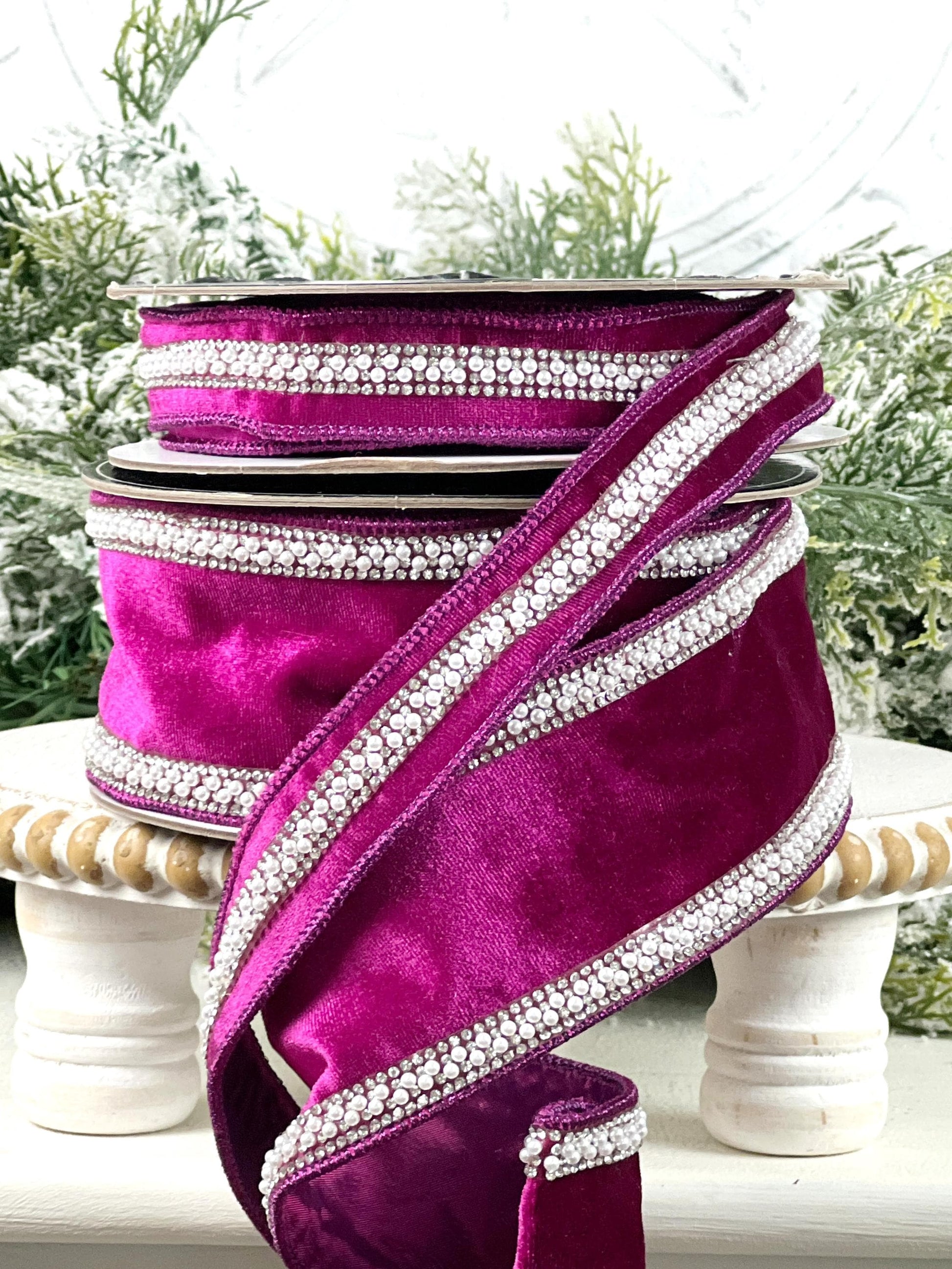 Purple Velvet Ribbon with Pearl and Rhinestone Trim, Luxury Designer Ribbon, Jeweled Velvet Ribbon