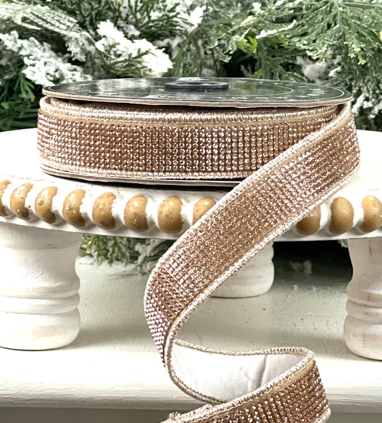 Champagne Rhinestone Ribbon, Ivory Dupion Ribbon with Rhinestone Trim, Elegant Designer Ribbon for Holiday and Wedding Decor