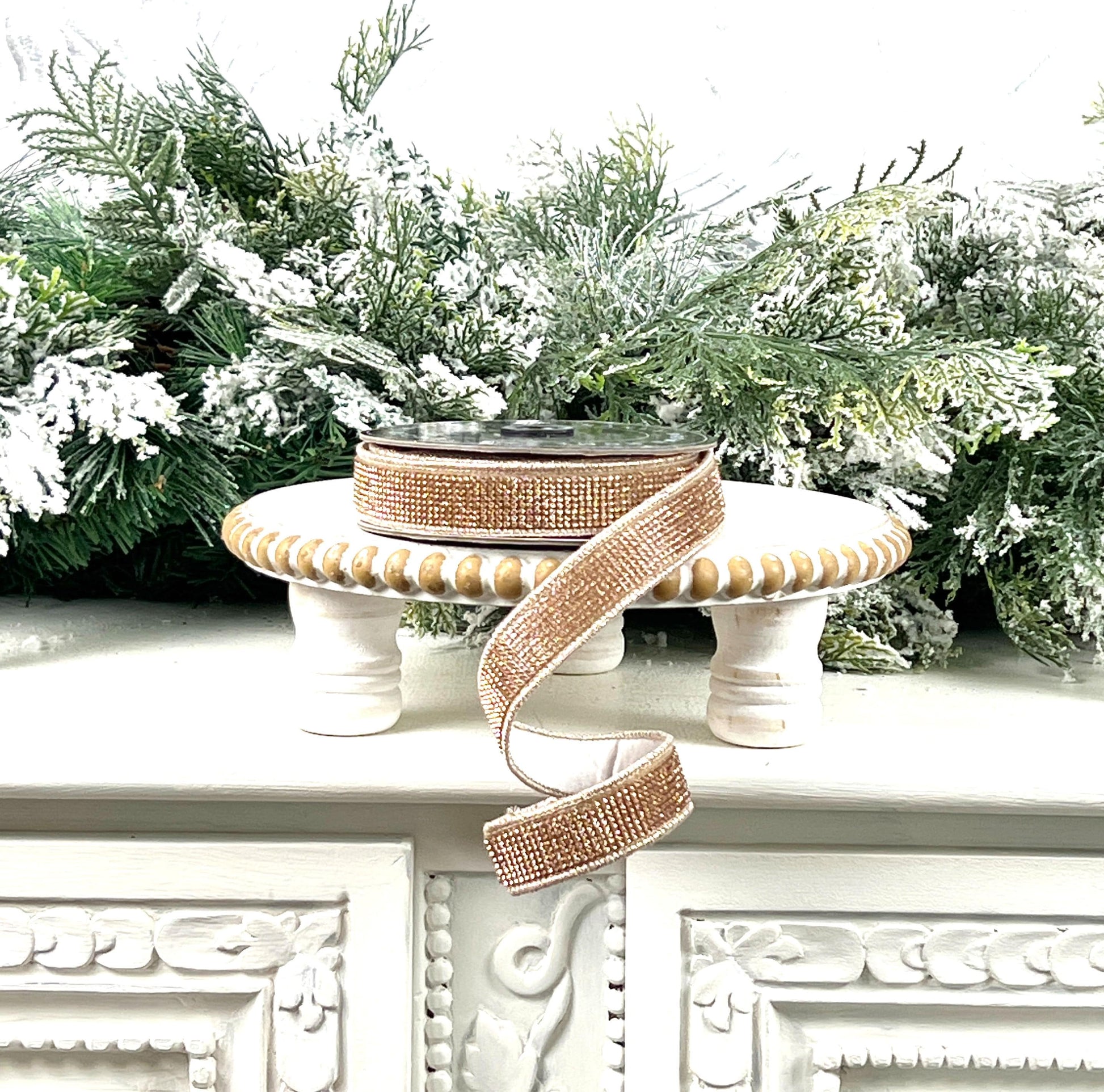 Champagne Rhinestone Ribbon, Ivory Dupion Ribbon with Rhinestone Trim, Elegant Designer Ribbon for Holiday and Wedding Decor