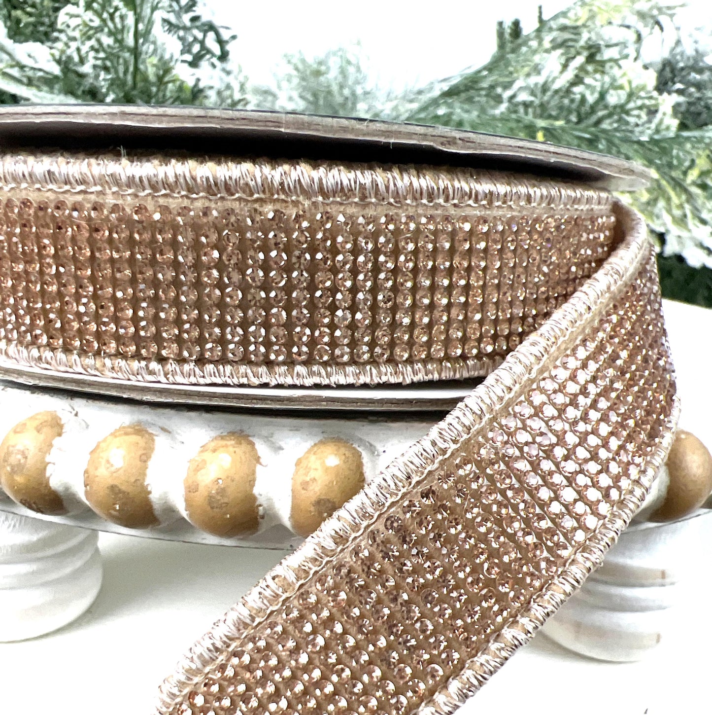 Champagne Rhinestone Ribbon, Ivory Dupion Ribbon with Rhinestone Trim, Elegant Designer Ribbon for Holiday and Wedding Decor