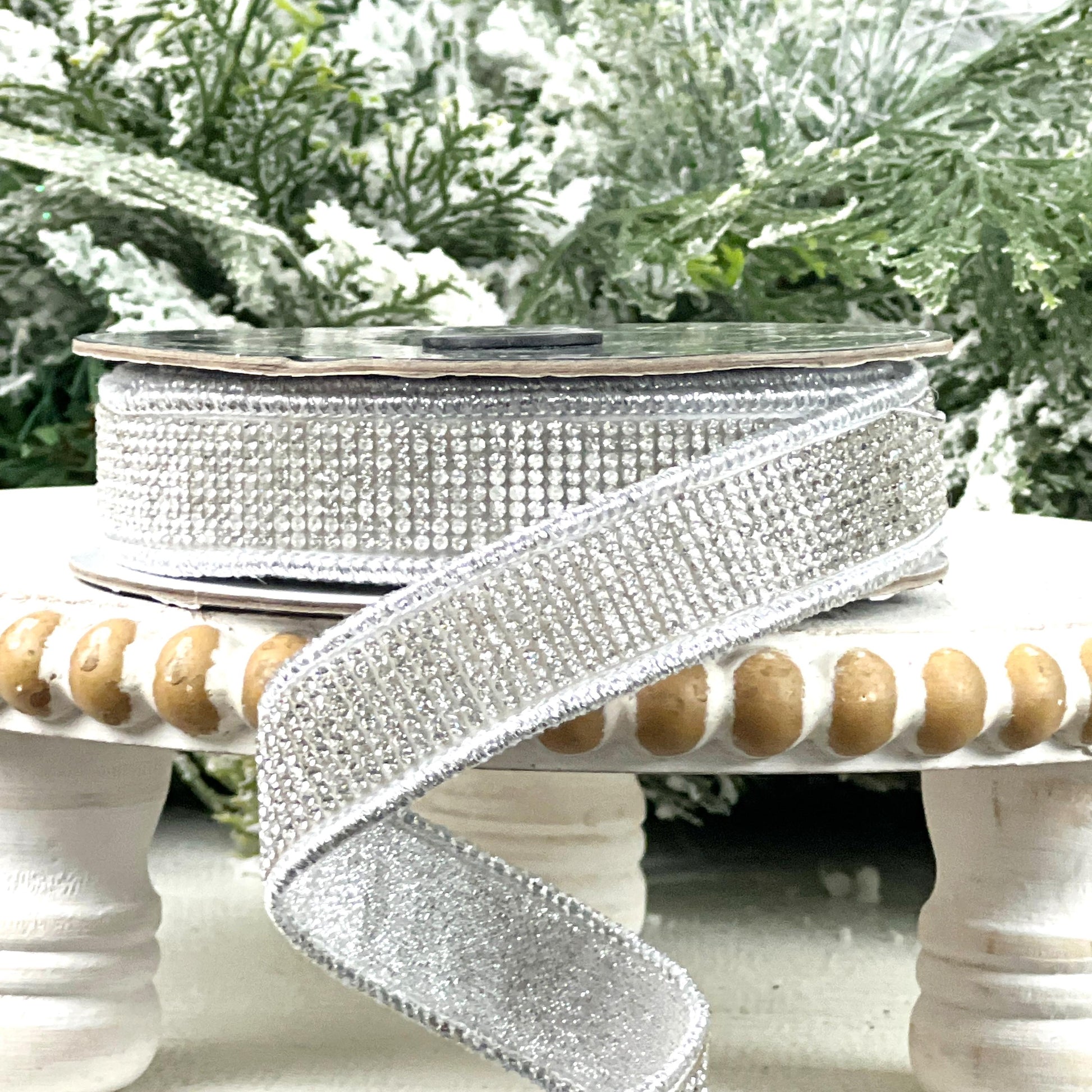 Silver Rhinestone Ribbon, Silver Dupion Ribbon with Rhinestone Trim, Jeweled Ribbon for Holiday and Wedding Decor
