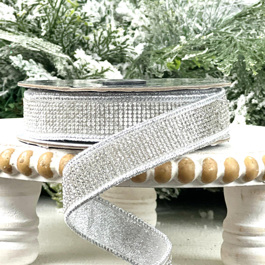Silver Rhinestone Ribbon, Silver Dupion Ribbon with Rhinestone Trim, Jeweled Ribbon for Holiday and Wedding Decor