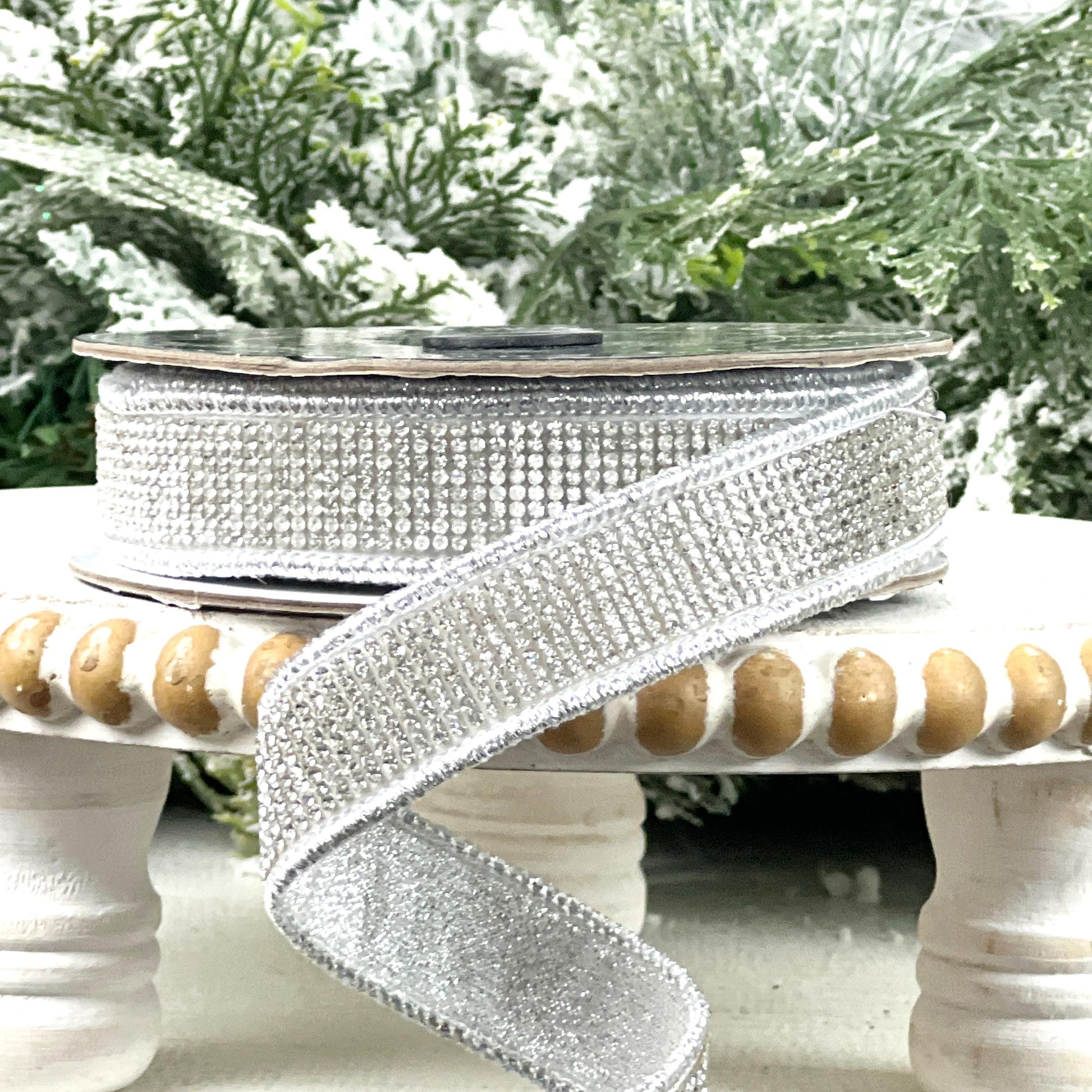 Silver Rhinestone Ribbon, Silver Dupion Ribbon with Rhinestone Trim, Jeweled Ribbon for Holiday and Wedding Decor