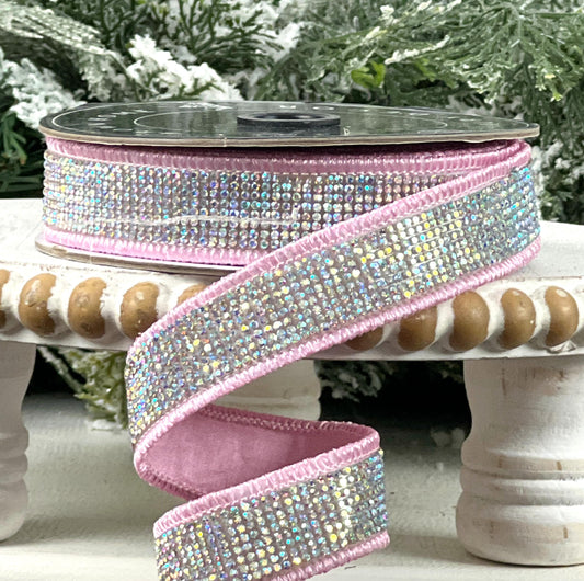 Light Pink Rhinestone Ribbon, Pink Dupion Ribbon with Rhinestone Trim, Light Pink Jeweled Ribbon