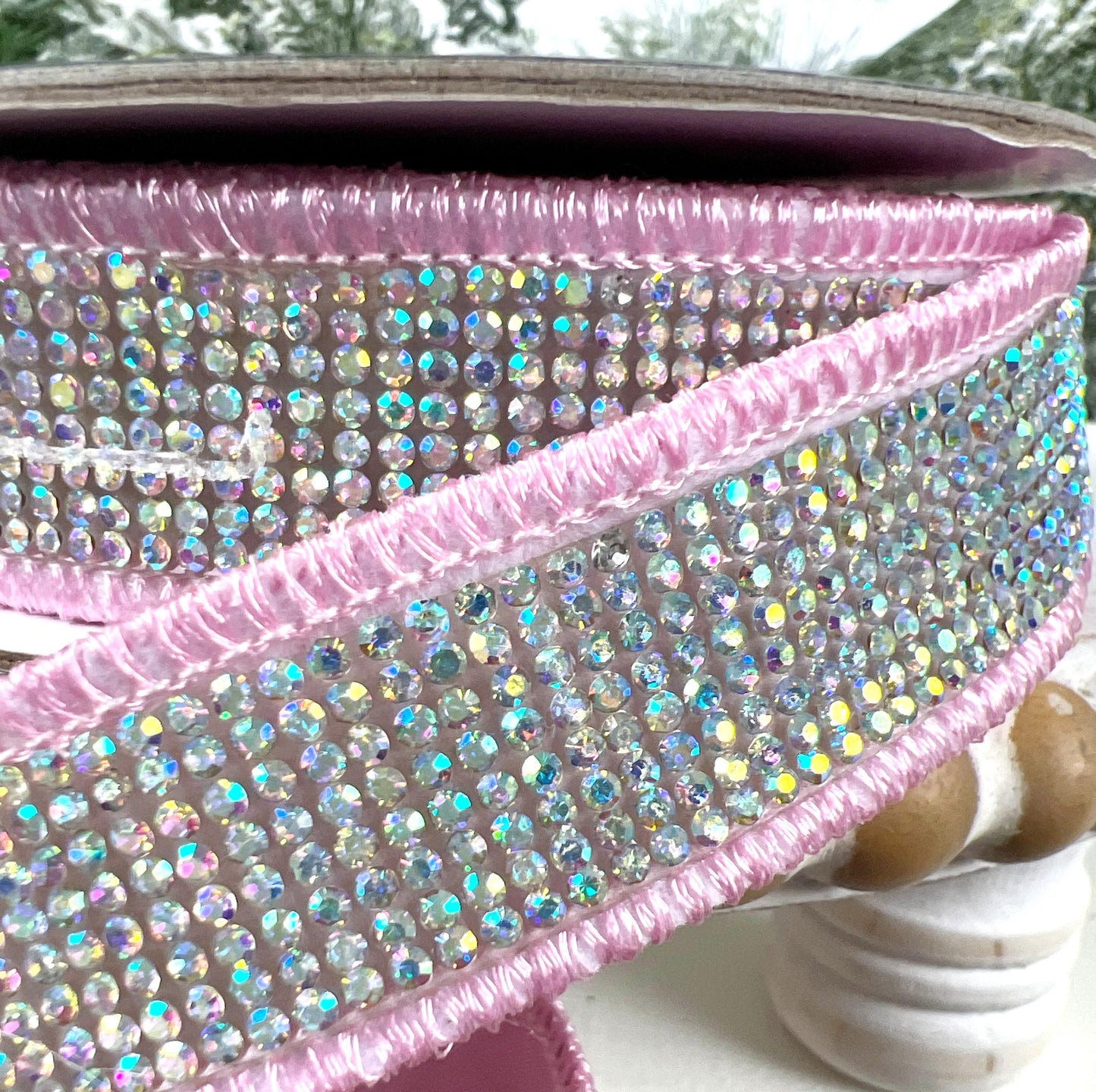 Light Pink Rhinestone Ribbon, Pink Dupion Ribbon with Rhinestone Trim, Light Pink Jeweled Ribbon