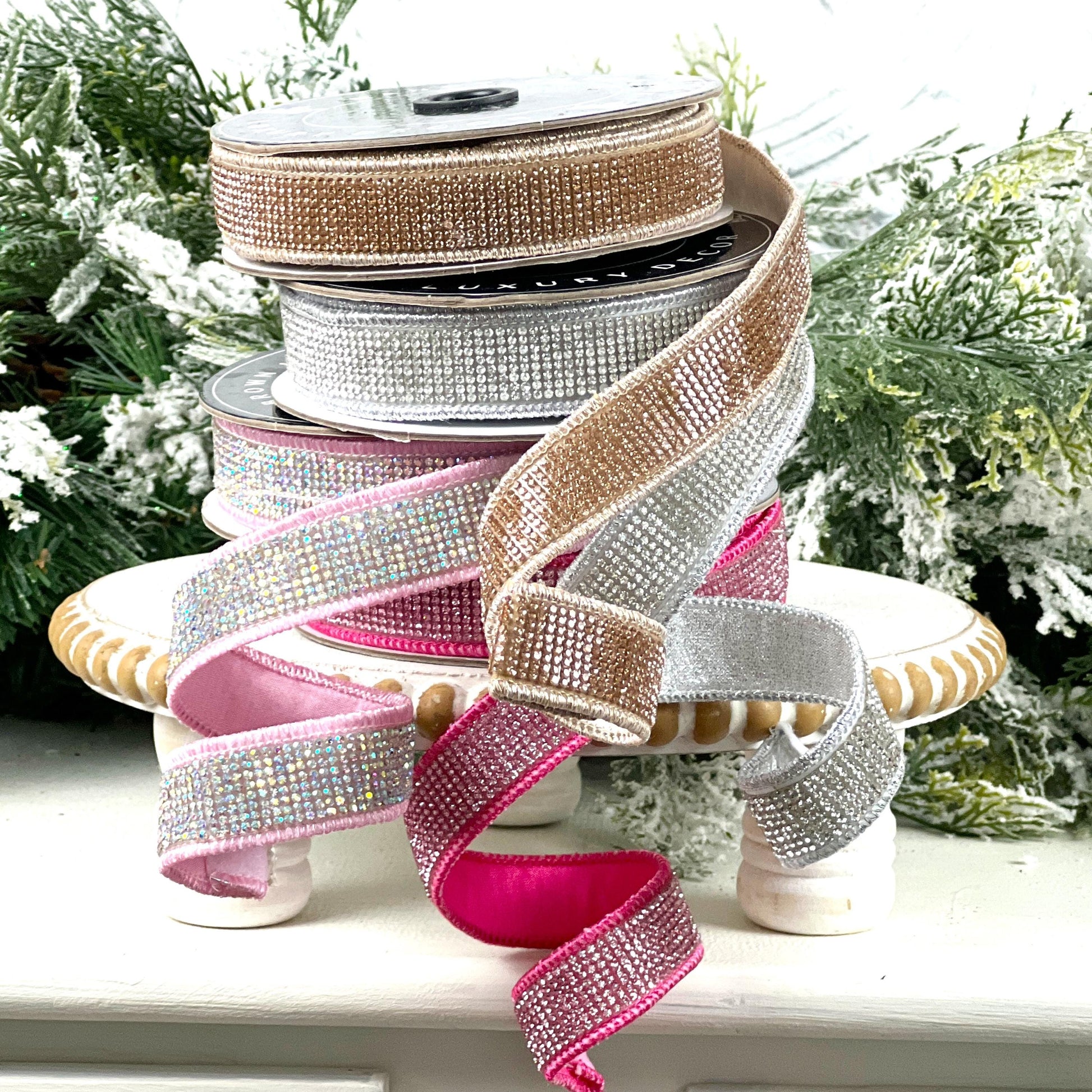 Light Pink Rhinestone Ribbon, Pink Dupion Ribbon with Rhinestone Trim, Light Pink Jeweled Ribbon