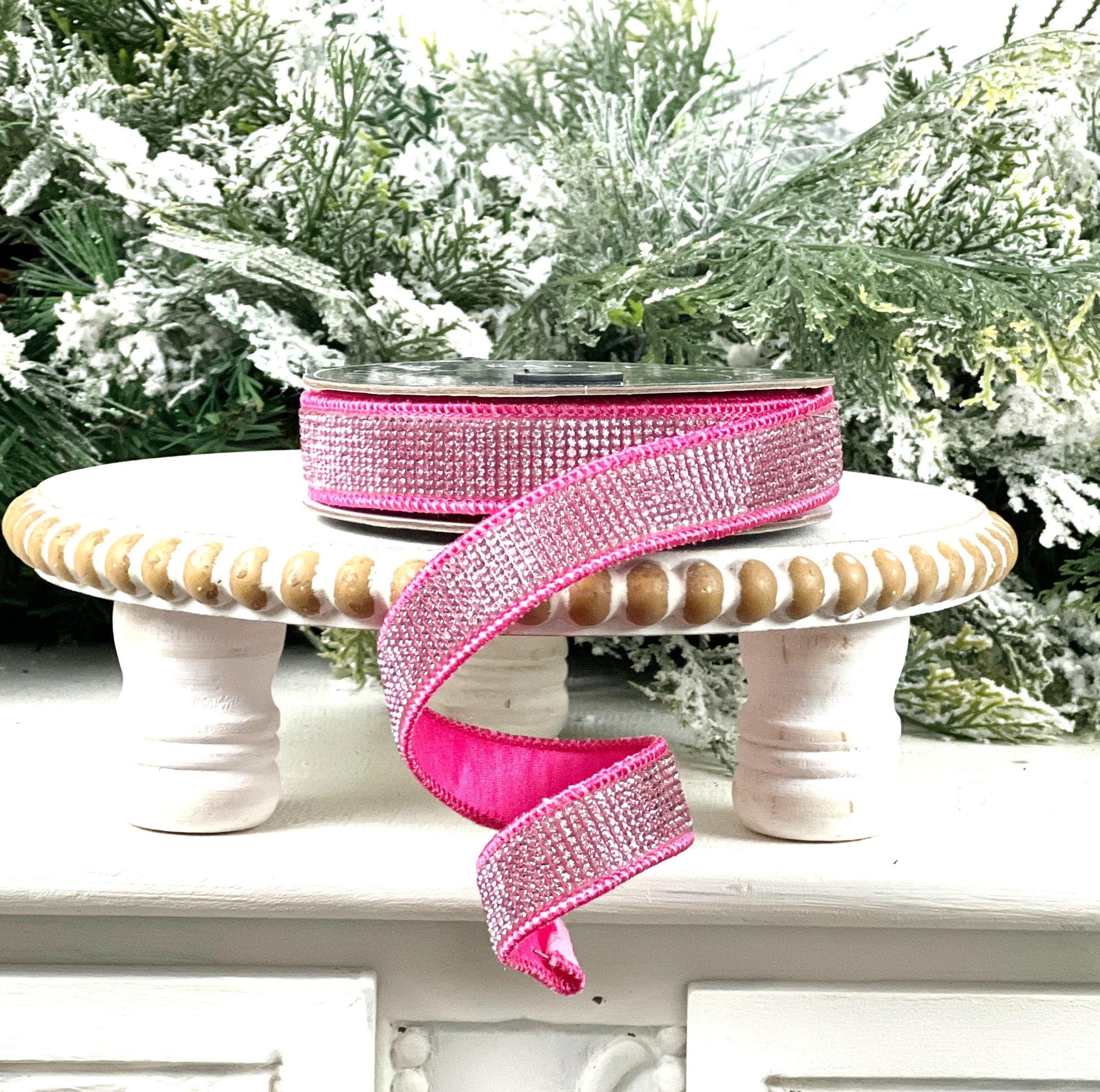 Hot Pink Rhinestone Ribbon, Fuchsia Dupion Ribbon with Rhinestone Trim, Jeweled Designer Ribbon for Holiday and Wedding Decor