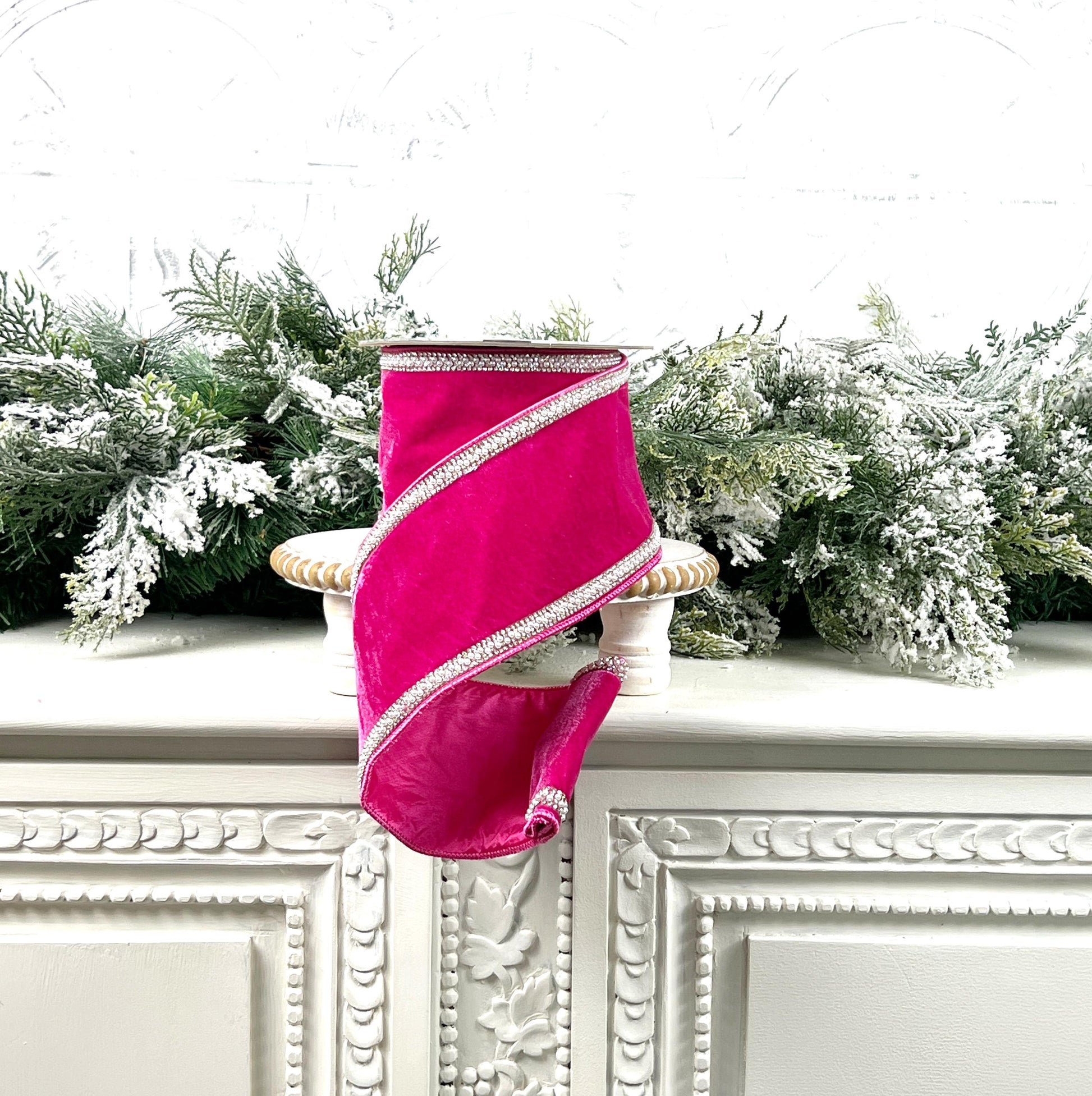 Hot Pink Jeweled Velvet Ribbon, Velvet Ribbon with Pearl and Rhinestone Trim, Luxury Designer Ribbon for Holiday and Wedding Decor