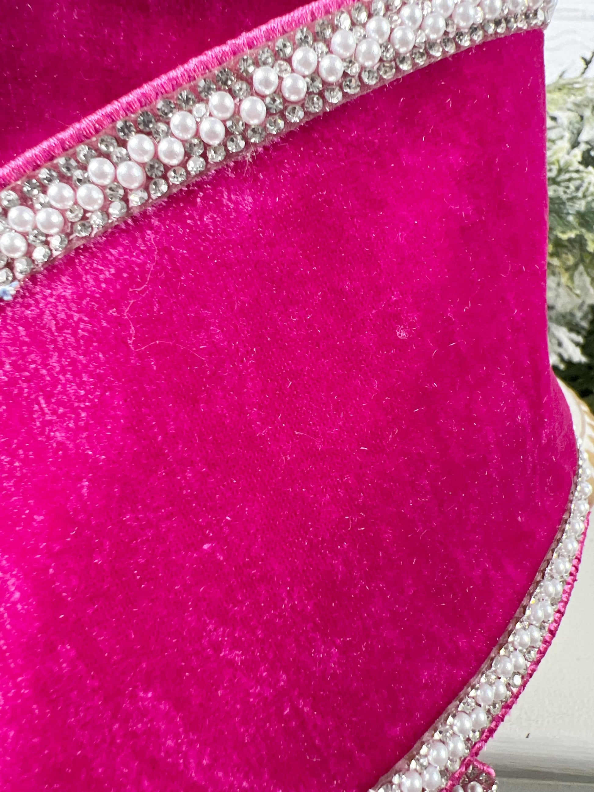 Hot Pink Jeweled Velvet Ribbon, Velvet Ribbon with Pearl and Rhinestone Trim, Luxury Designer Ribbon for Holiday and Wedding Decor