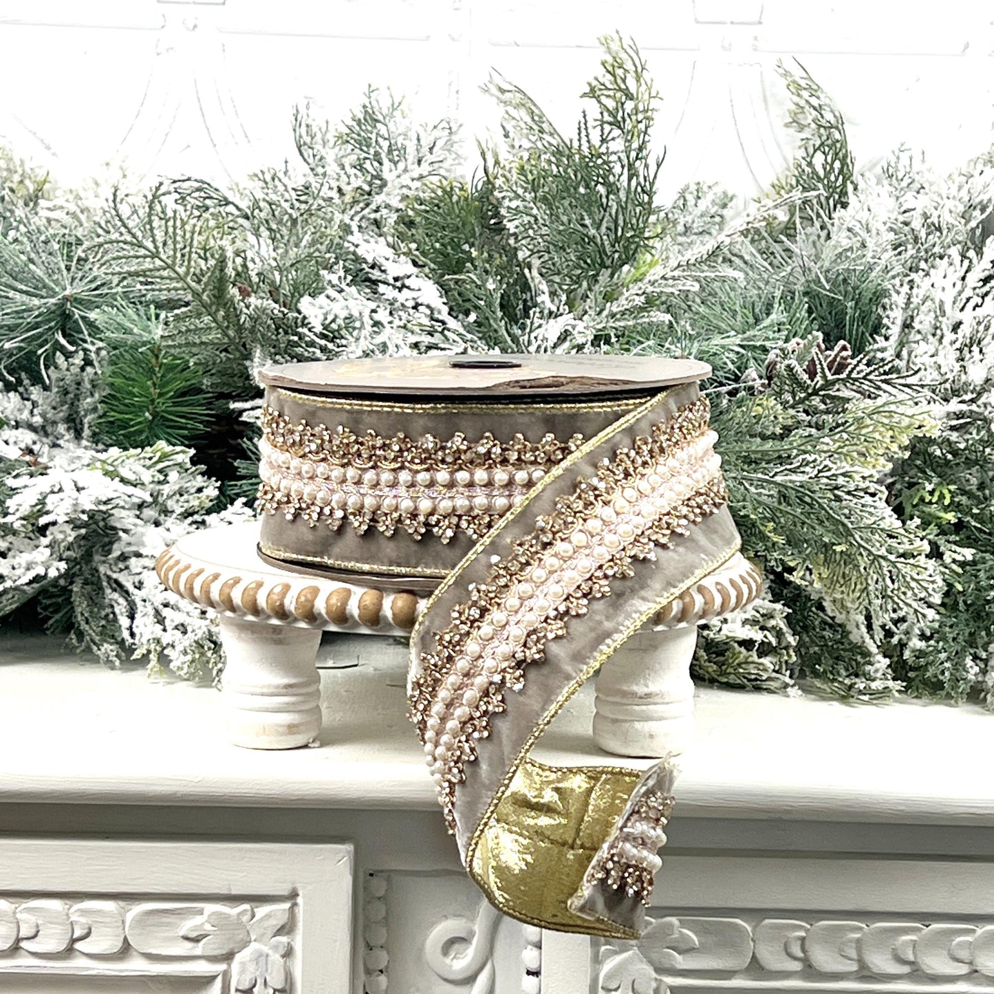 D. Stevens Platinum Jeweled Velvet Ribbon, Embroidered Pearl and Gold Trim Ribbon, Luxury Designer Holiday and Wedding Decor