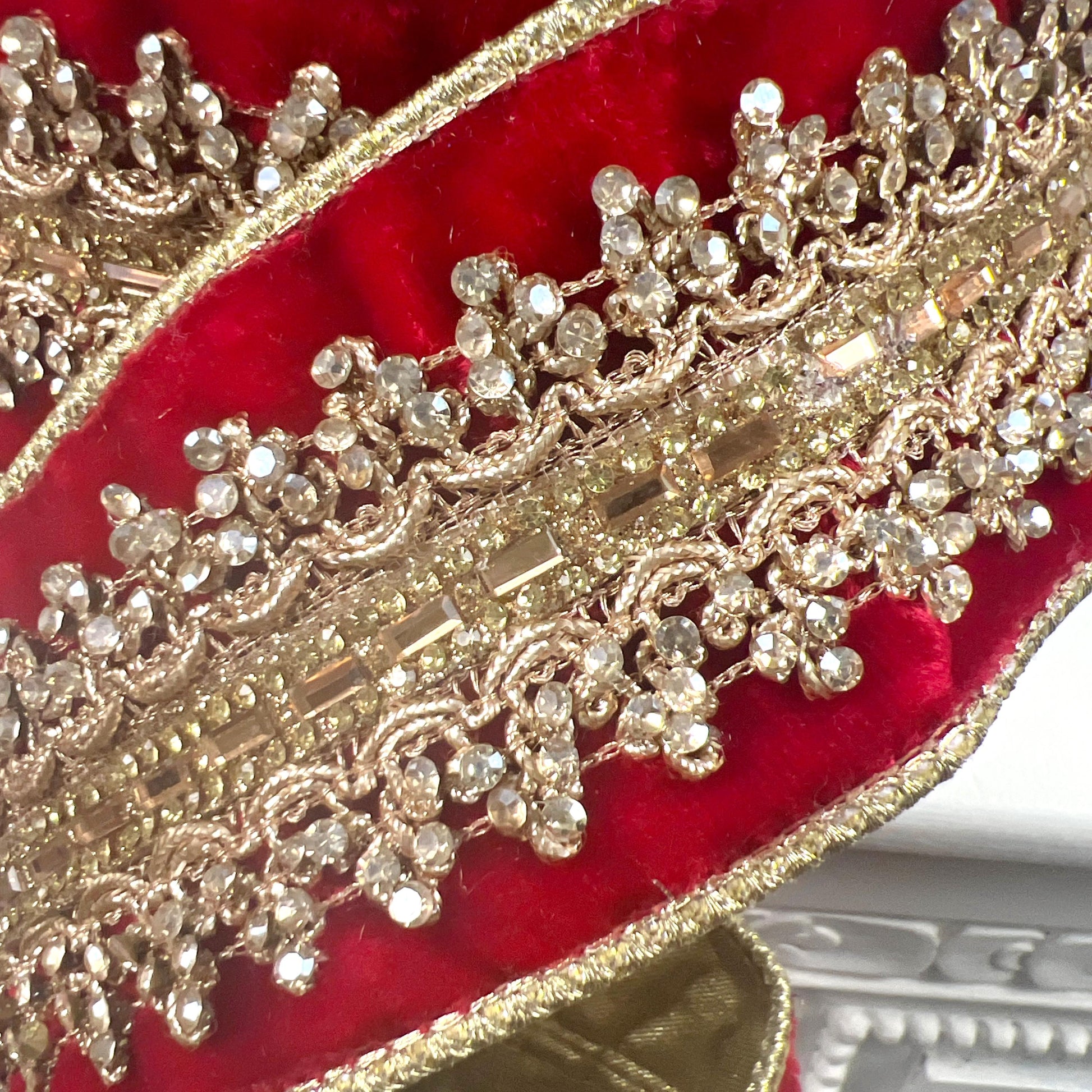 D. Stevens Red Jeweled Velvet Ribbon, Red Velvet Ribbon with Gold Embroidered Trim, Luxury Designer Ribbon for Holiday and Wedding Decor
