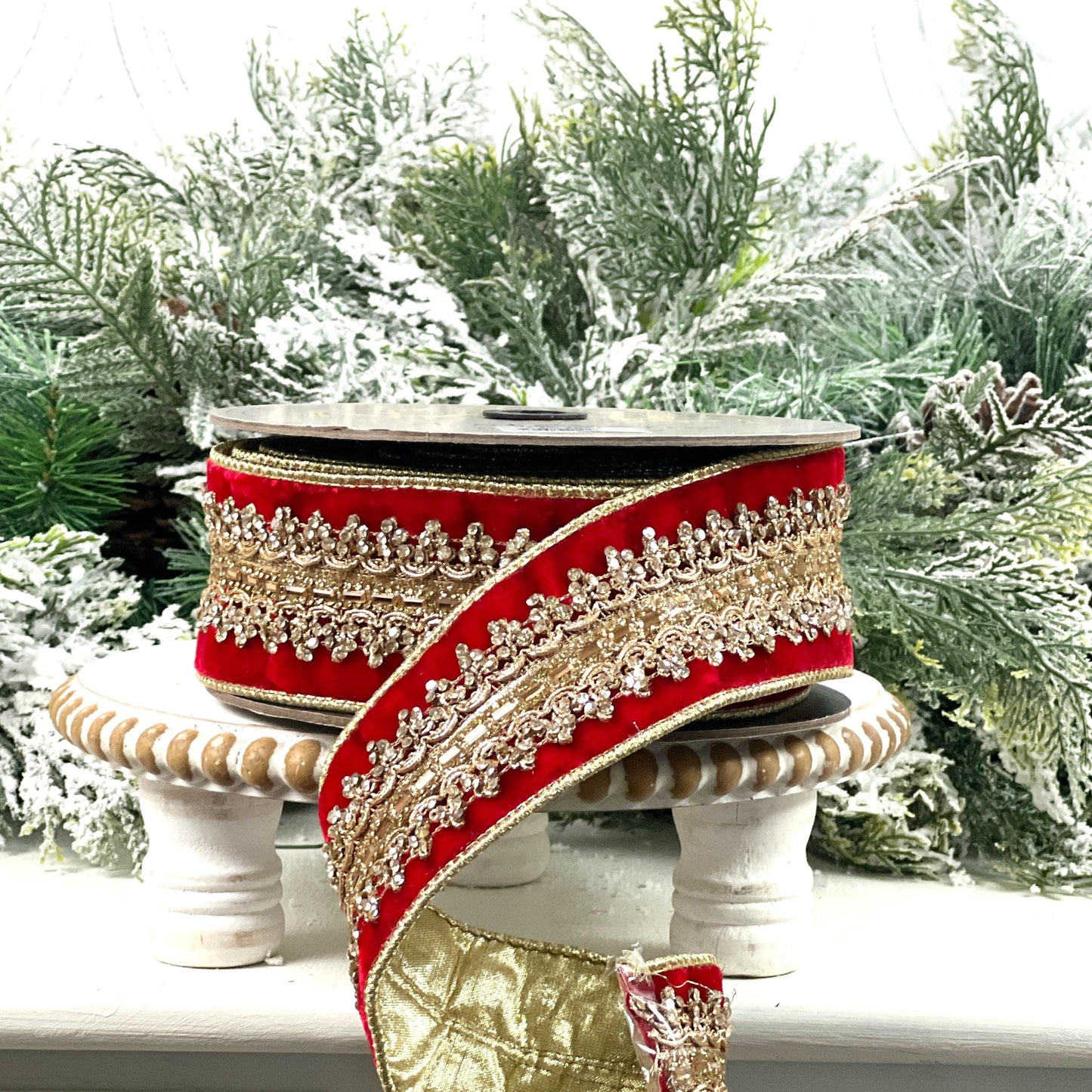 D. Stevens Red Jeweled Velvet Ribbon, Red Velvet Ribbon with Gold Embroidered Trim, Luxury Designer Ribbon for Holiday and Wedding Decor