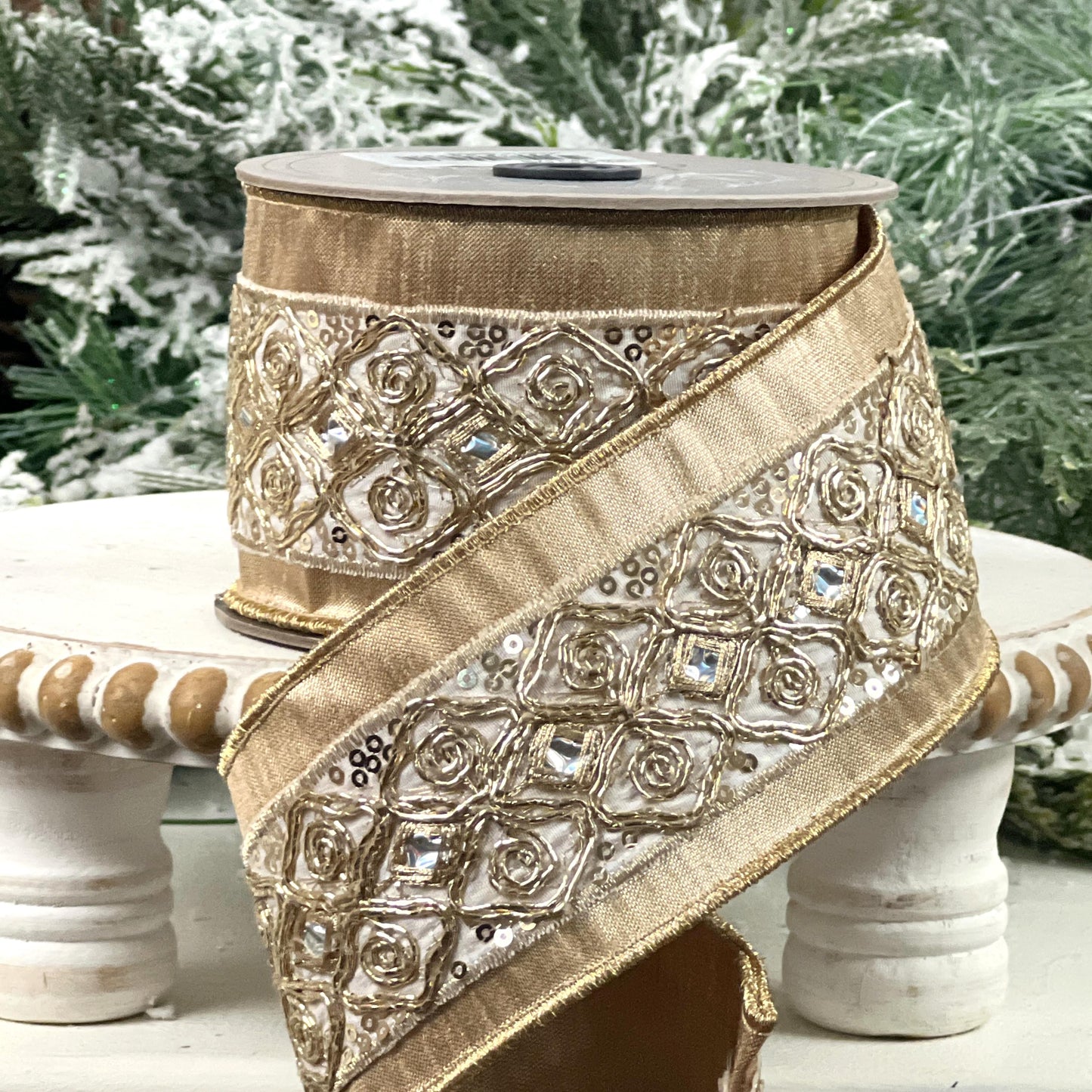 D. Stevens Metallic Gold Embroidered Ribbon, Gold Dupion Ribbon with Iridescent Trim, Luxury Designer Ribbon for Holiday and Wedding Decor