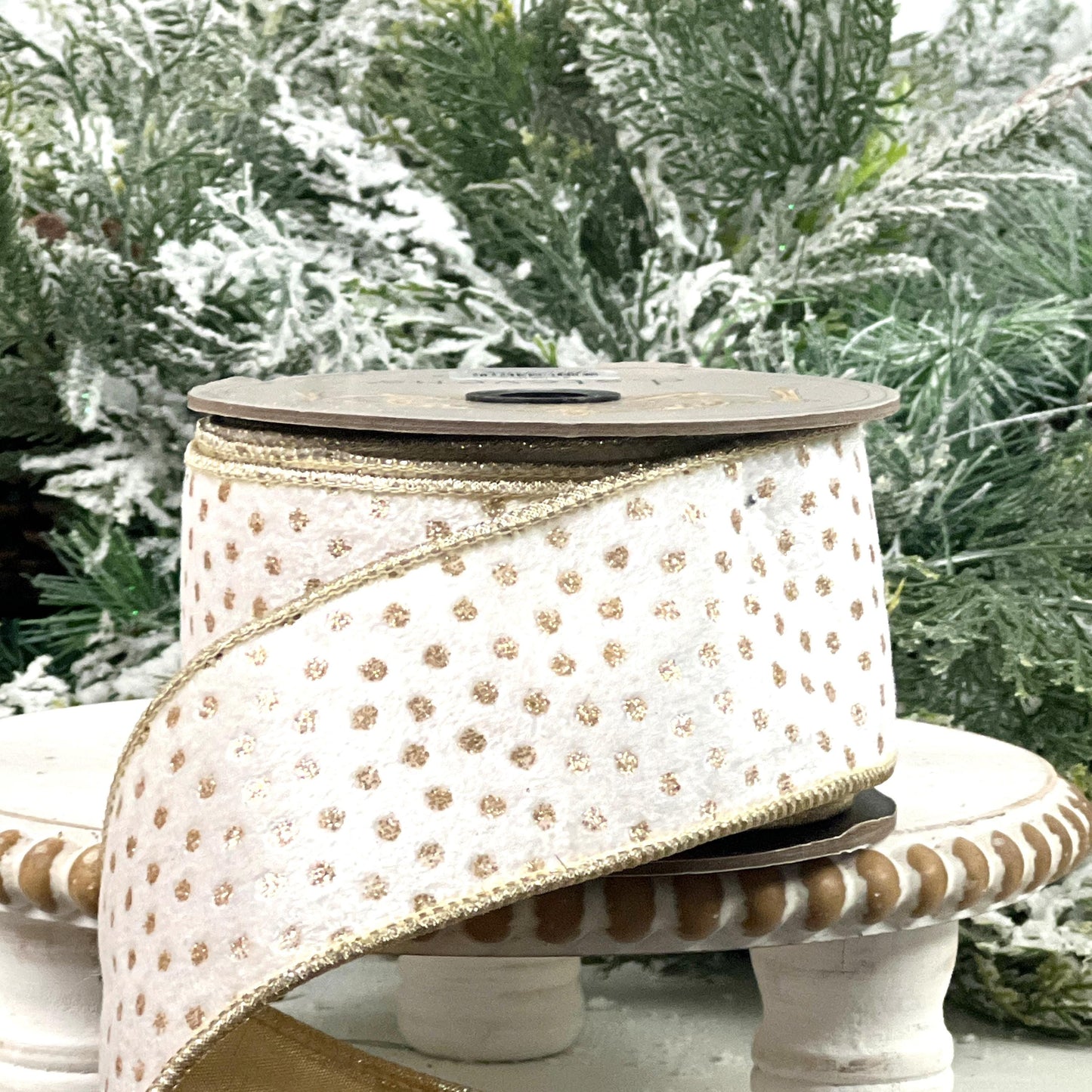 D. Stevens White and Gold Velvet Ribbon, Gold Polka Dot Velvet Ribbon, Elegant Designer Ribbon for Holiday and Wedding Decor