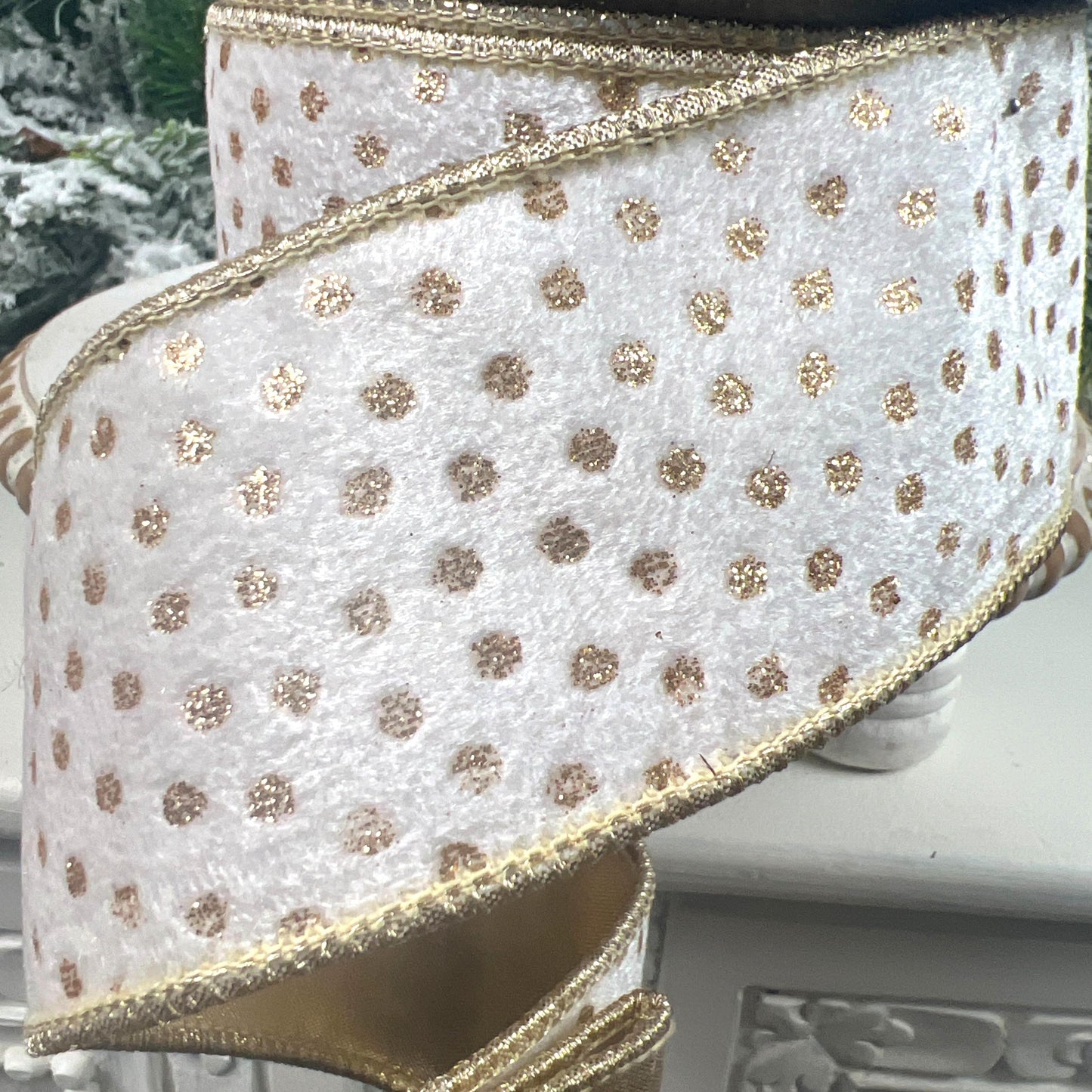 D. Stevens White and Gold Velvet Ribbon, Gold Polka Dot Velvet Ribbon, Elegant Designer Ribbon for Holiday and Wedding Decor