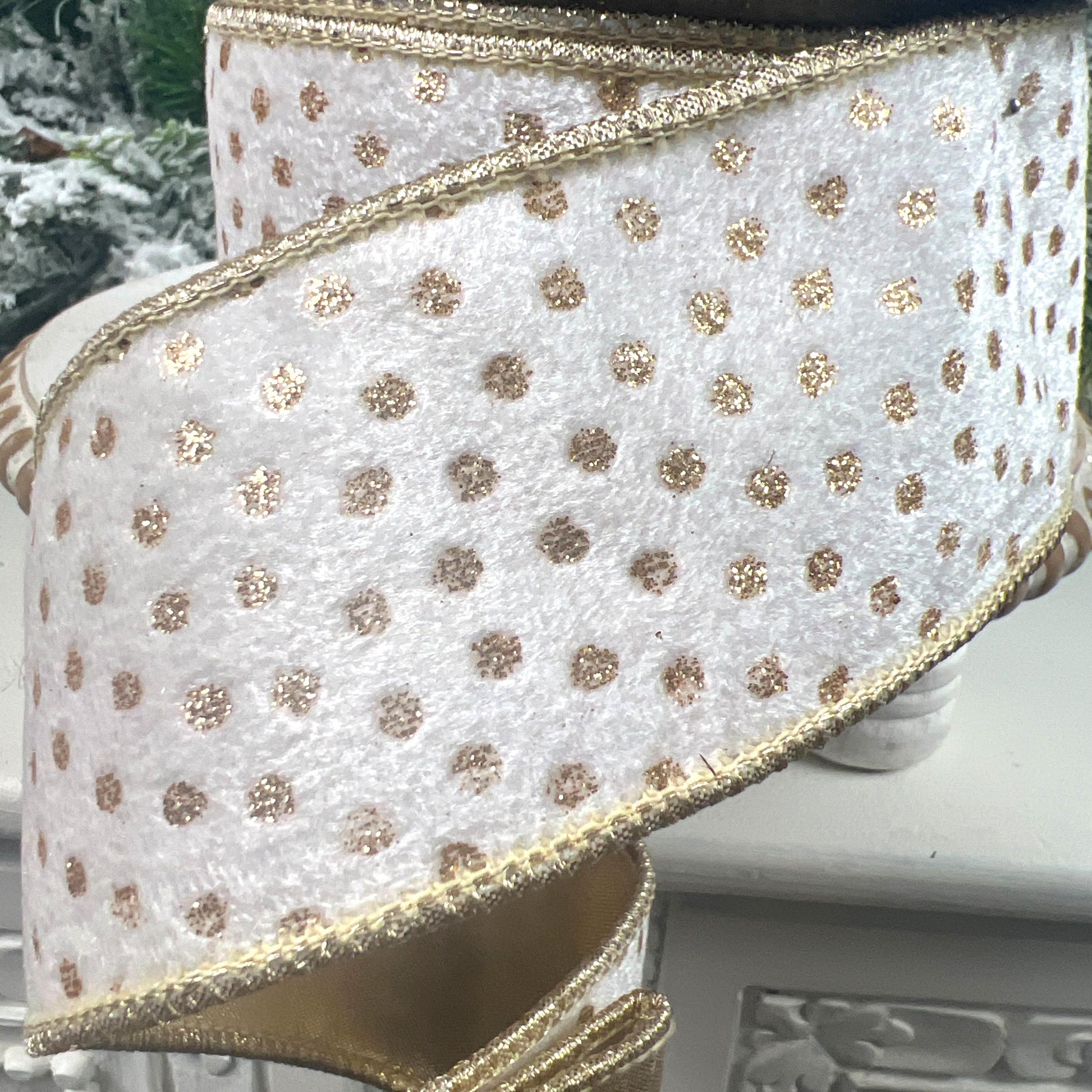 D. Stevens White and Gold Velvet Ribbon, Gold Polka Dot Velvet Ribbon, Elegant Designer Ribbon for Holiday and Wedding Decor