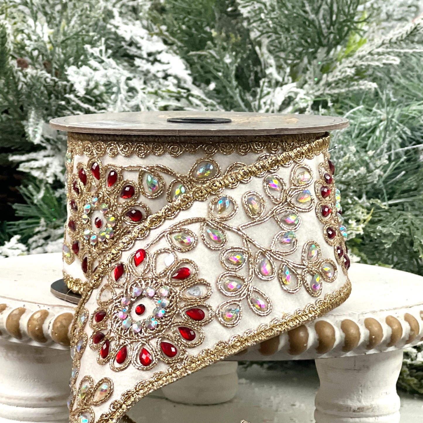 D. Stevens Platinum Jeweled Ribbon, Embroidered Metallic Dupion Ribbon with Red and Iridescent Gems, Luxury Designer Holiday Decor