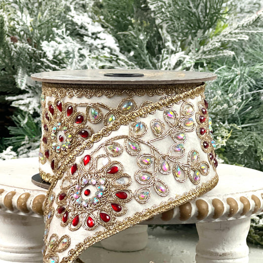 D. Stevens Platinum Jeweled Ribbon, Embroidered Metallic Dupion Ribbon with Red and Iridescent Gems, Luxury Designer Holiday Decor