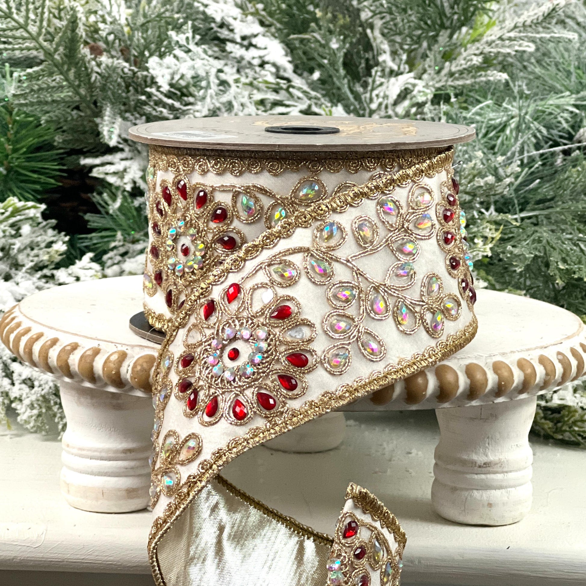 D. Stevens Platinum Jeweled Ribbon, Embroidered Metallic Dupion Ribbon with Red and Iridescent Gems, Luxury Designer Holiday Decor