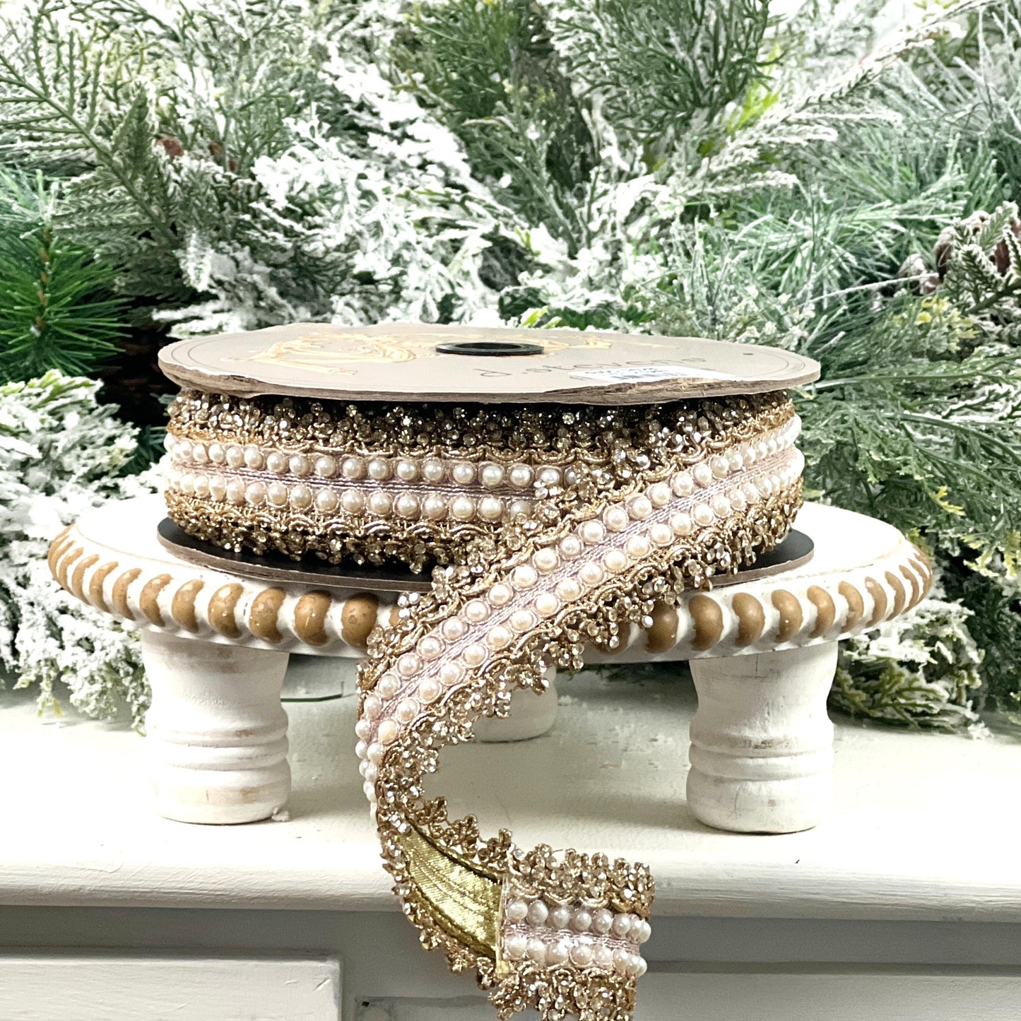 D. Stevens Gold Embroidered Jewel Trim Ribbon, Metallic Pearl Designer Ribbon, Luxury Holiday and Wedding Decor