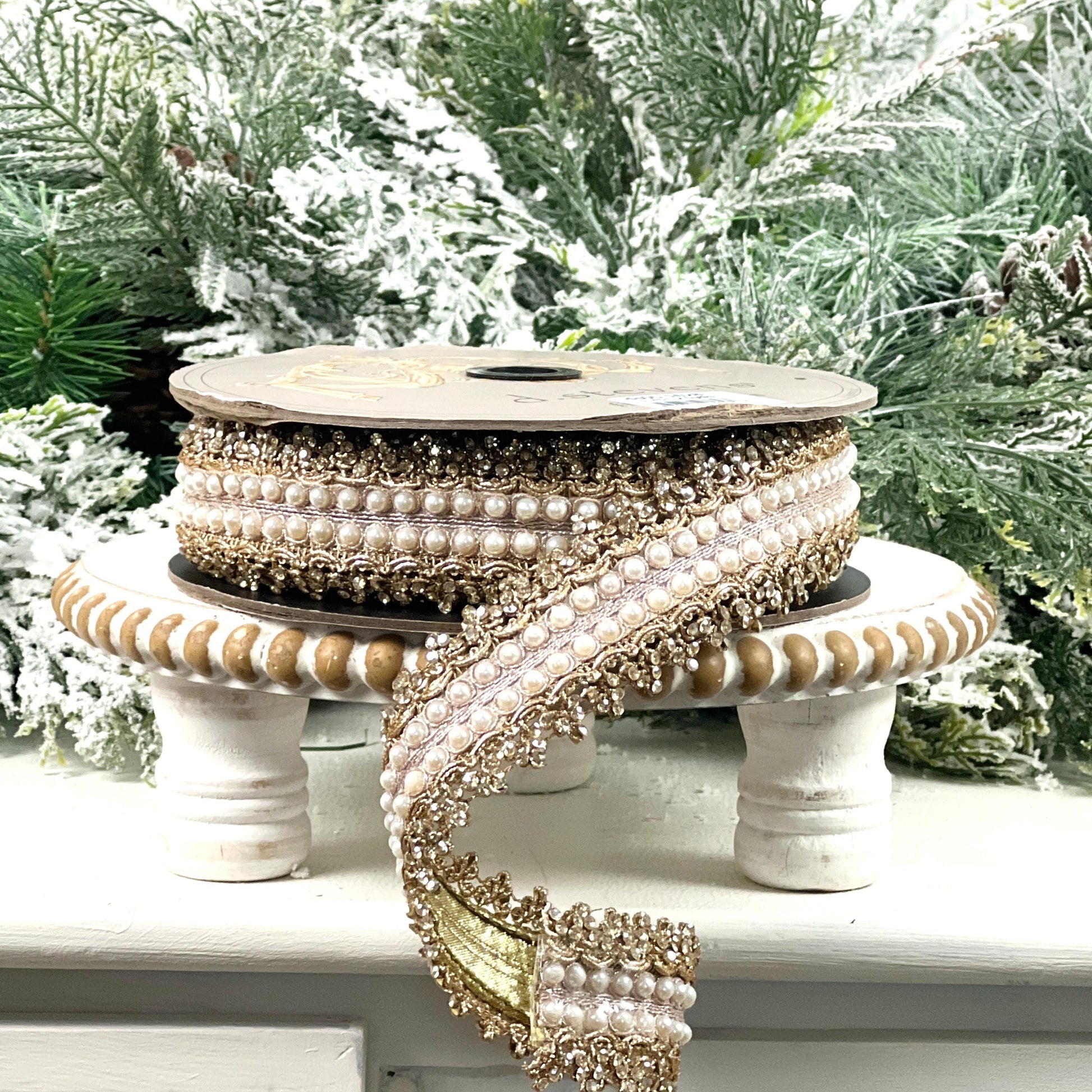 D. Stevens Gold Embroidered Jewel Trim Ribbon, Metallic Pearl Designer Ribbon, Luxury Holiday and Wedding Decor