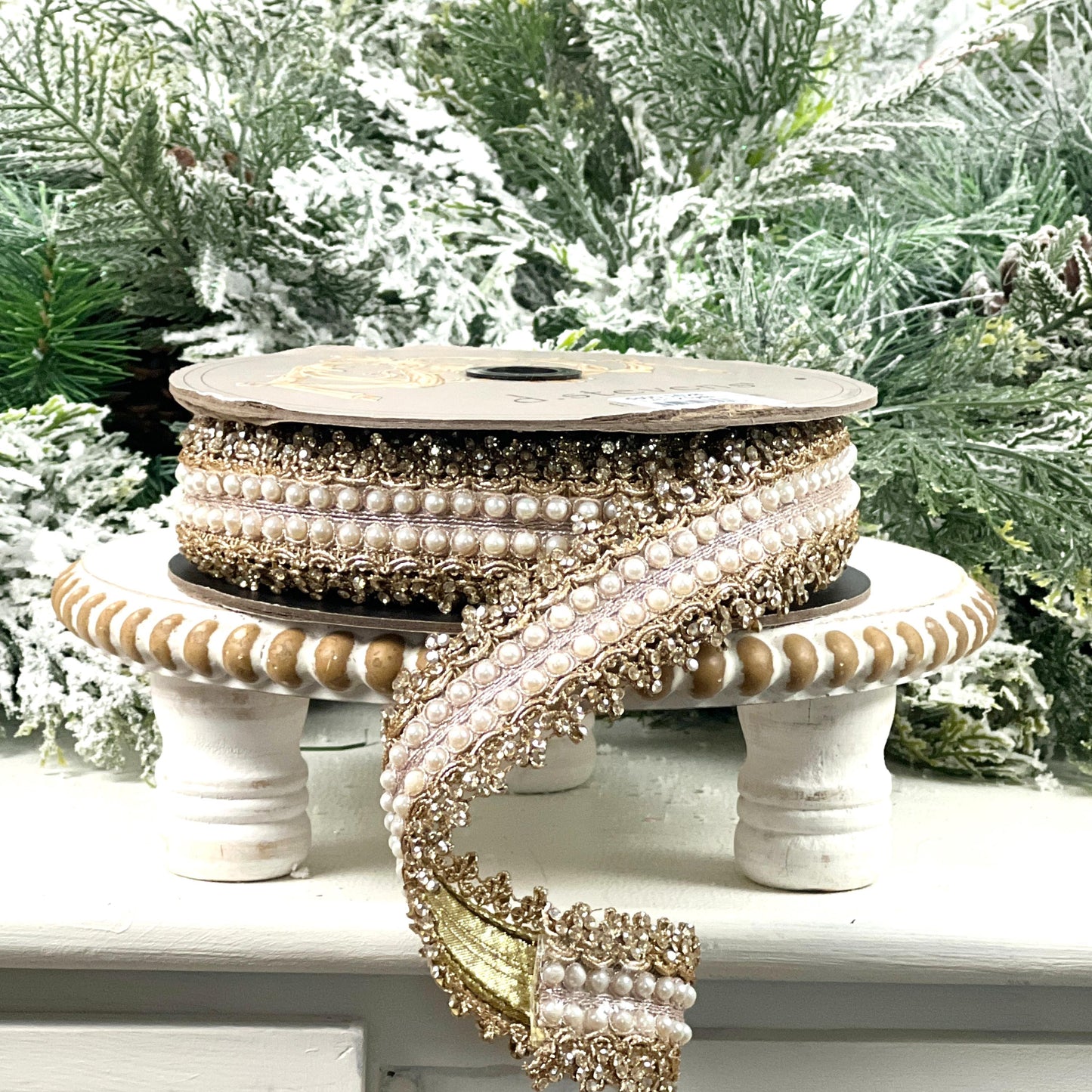 D. Stevens Gold Embroidered Jewel Trim Ribbon, Metallic Pearl Designer Ribbon, Luxury Holiday and Wedding Decor