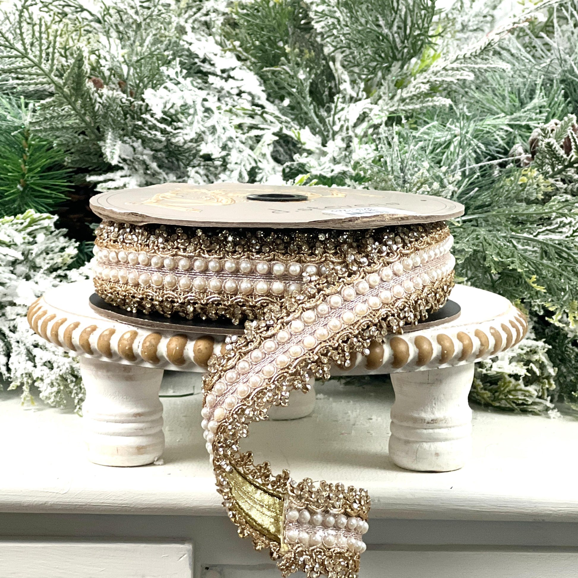D. Stevens Gold Embroidered Jewel Trim Ribbon, Metallic Pearl Designer Ribbon, Luxury Holiday and Wedding Decor