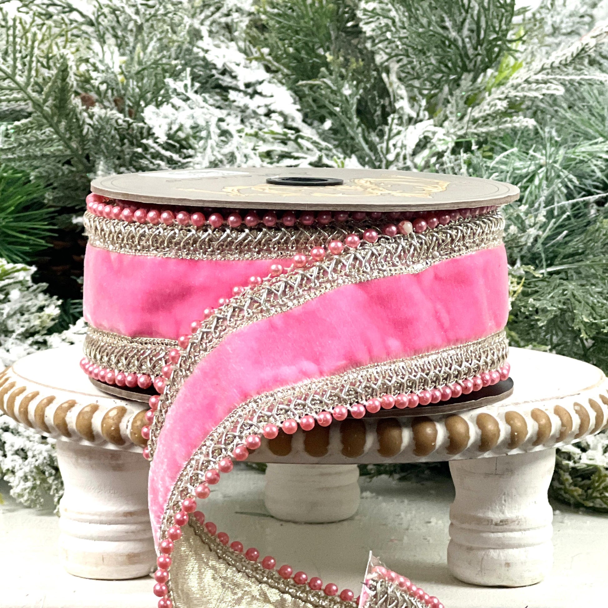 D. Stevens Jeweled Pink Velvet Ribbon, Pink Velvet Ribbon with Crystal Trim, Luxury Designer Ribbon for Holiday and Wedding Decor