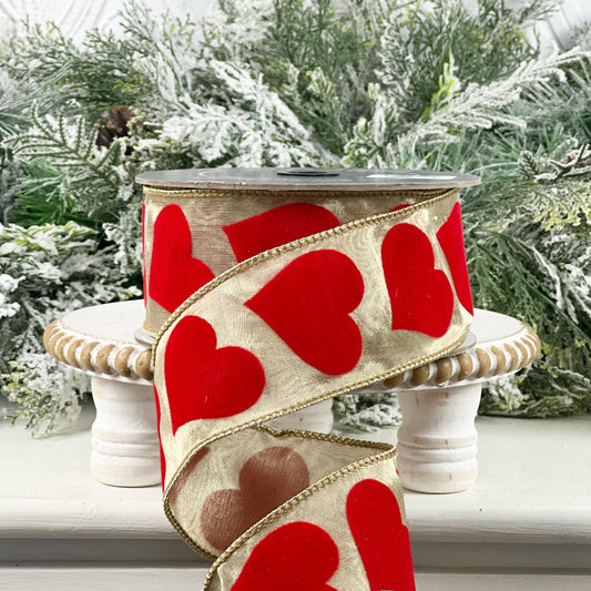 Farrisilk Flocked Hearts Ribbon, Gold Ribbon with Red Velvet Hearts, Valentine and Wedding Decor